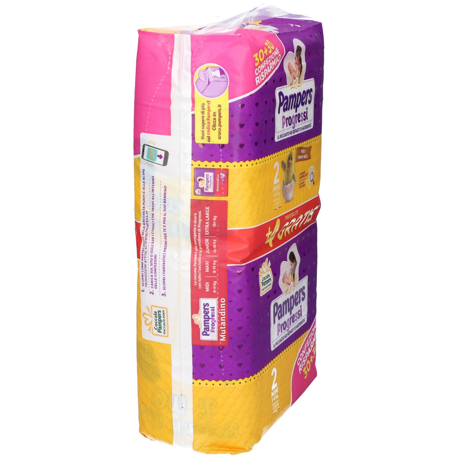 Vista laterale della confezione Pampers Progressi 2 Minin. Imballaggio viola e giallo con informazioni.