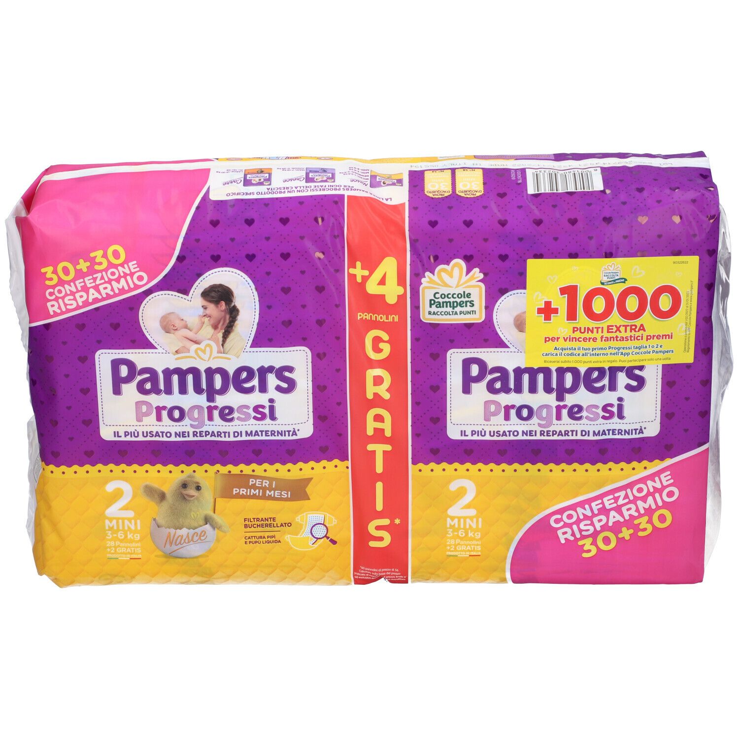 Confezione Pampers Progressi 2 Minin. Imballaggio viola e giallo con informazioni e logo del prodotto.