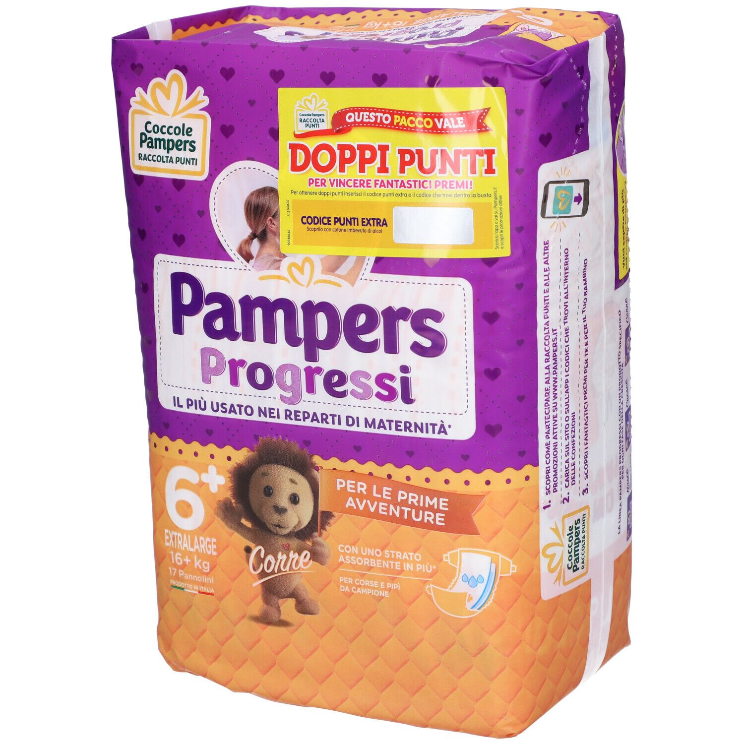 Confezione di pannolini Pampers Progressi Extralarge. Confezione viola e arancione con logo, testo e adesivo doppi punti. Taglia 6+.