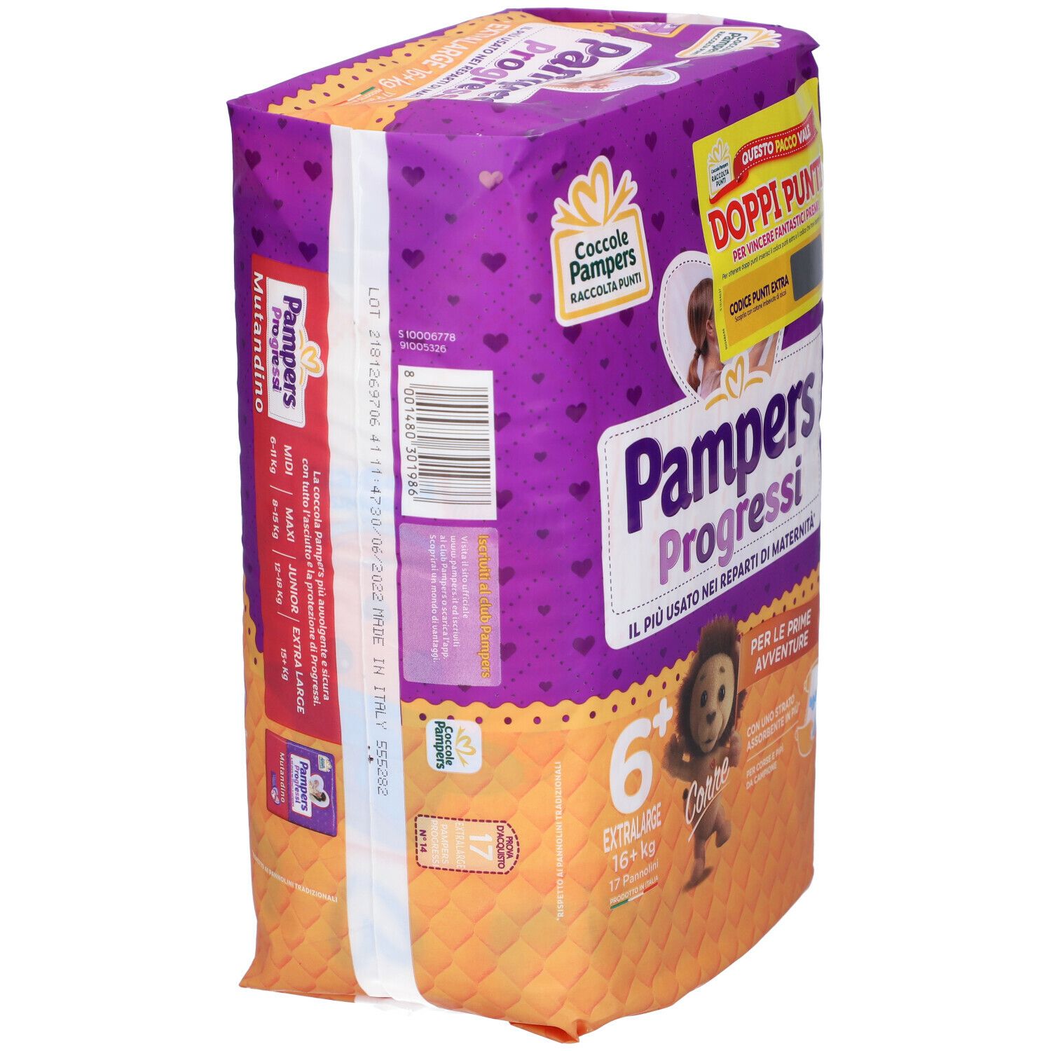 Confezione di pannolini Pampers Progressi Extralarge. Vista laterale della confezione con logo, testo e informazioni. Taglia 6+.