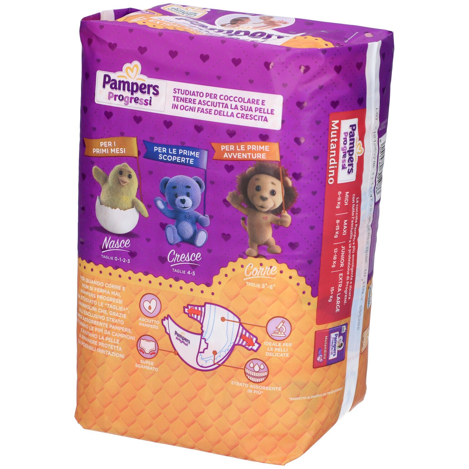 Retro della confezione di pannolini Pampers Progressi Extralarge. Illustrazioni, testo e informazioni sul prodotto. Taglia 6+.