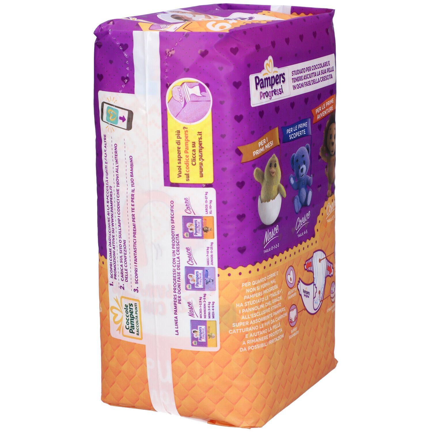 Retro della confezione di pannolini Pampers Progressi Extralarge. Illustrazioni, testo e informazioni sul prodotto. Taglia 6+.