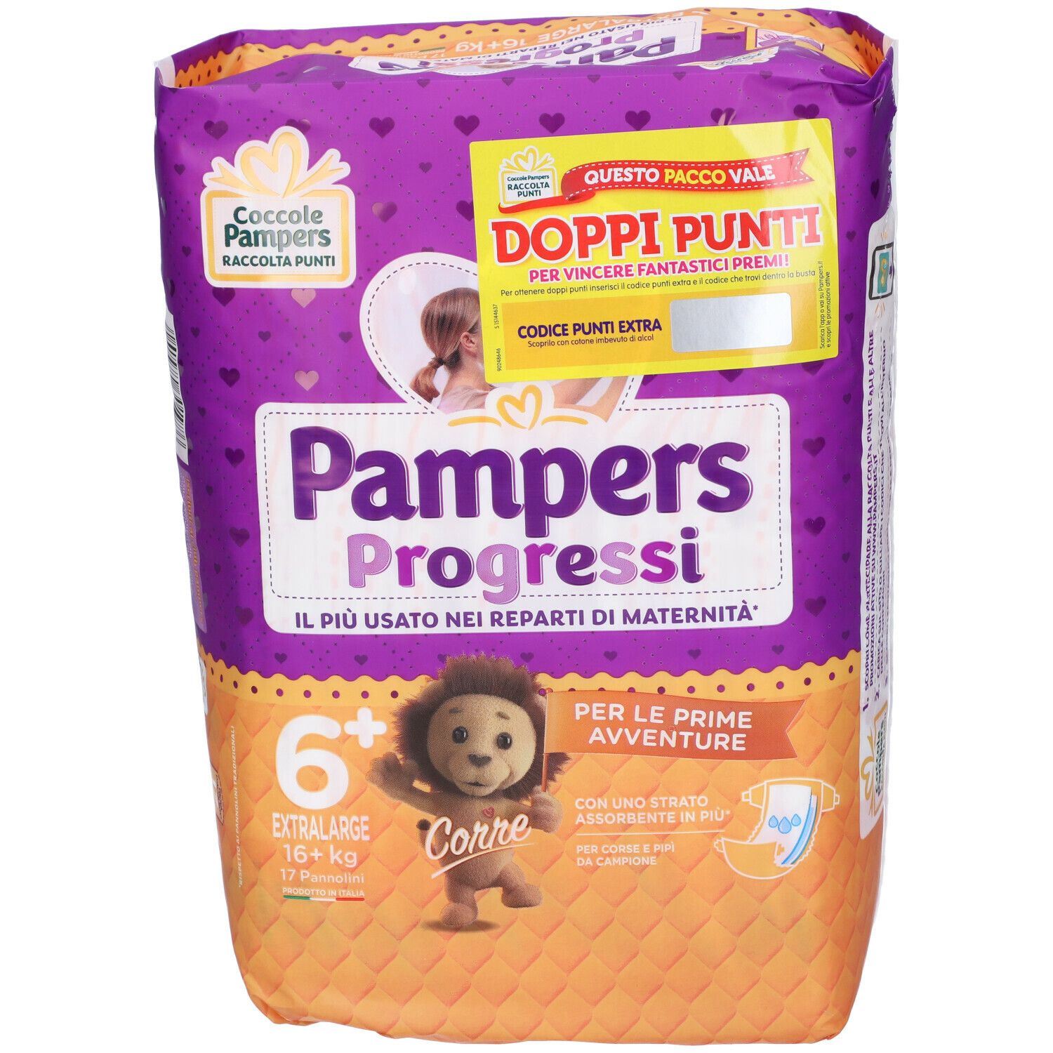 Confezione di pannolini Pampers Progressi Extralarge. Confezione viola e arancione con logo, testo e adesivo doppi punti. Taglia 6+.