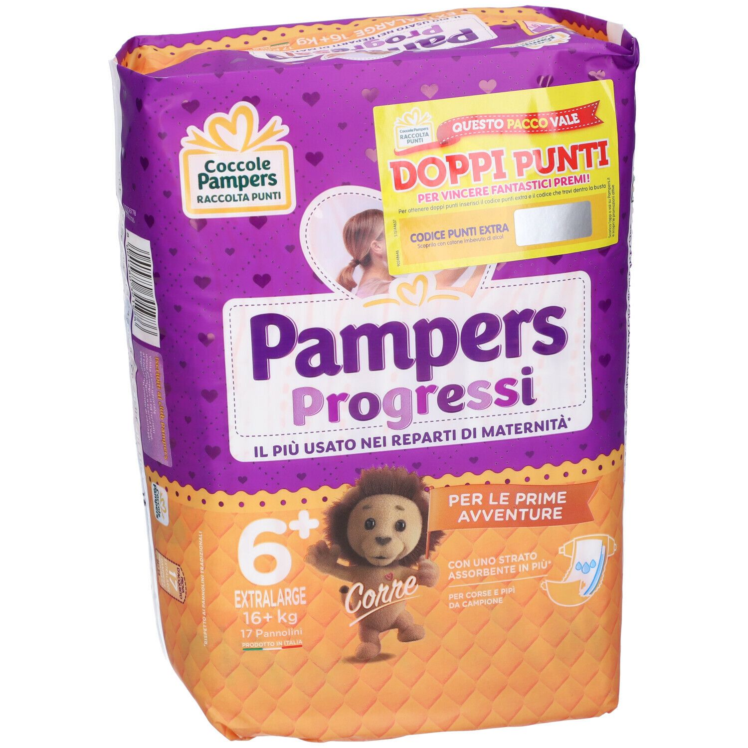 Confezione di pannolini Pampers Progressi Extralarge. Confezione viola e arancione con logo, testo e adesivo doppi punti. Taglia 6+.