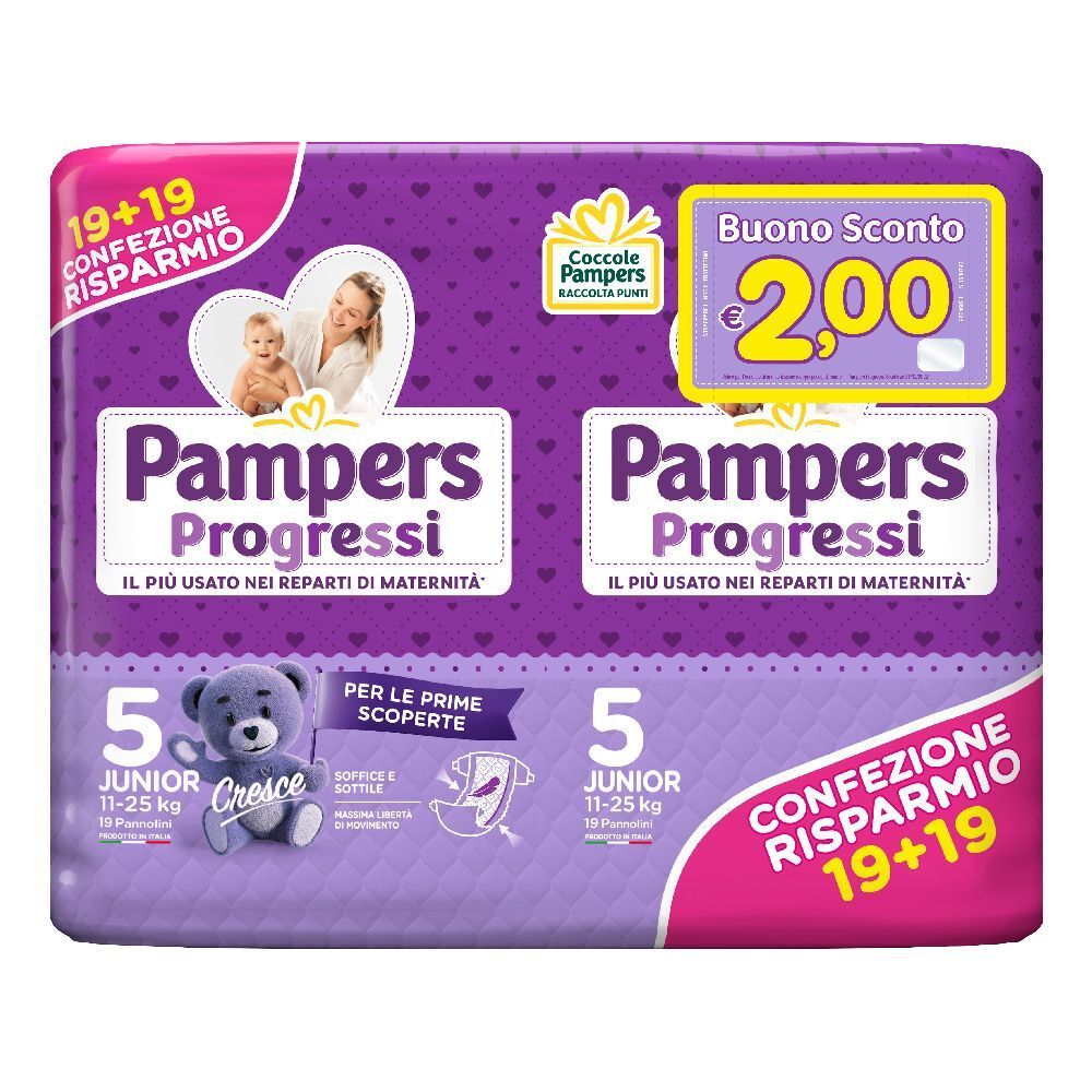 Pampers Progressi Junior, confezione 19+19 pezzi. Taglia 5, 11-25 kg. Confezione viola con orsetto. Sconto 2€.