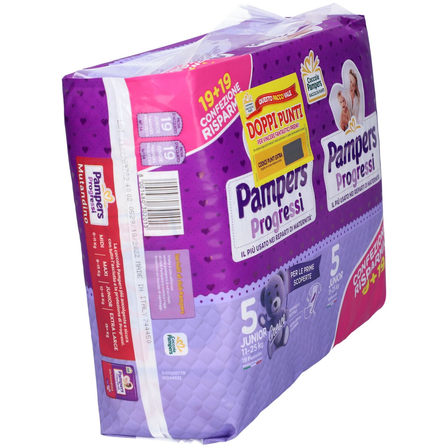 Pampers Progressi Junior, confezione. Taglia 5, 11-25 kg. Confezione viola con orsetto. Retro con illustrazioni.