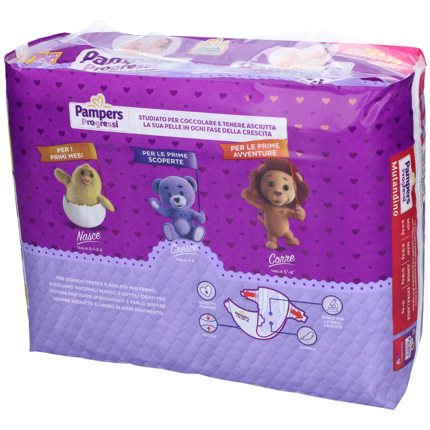 Retro della confezione Pampers Progressi Junior. Illustrazioni di personaggi e informazioni prodotto. Sfondo viola.