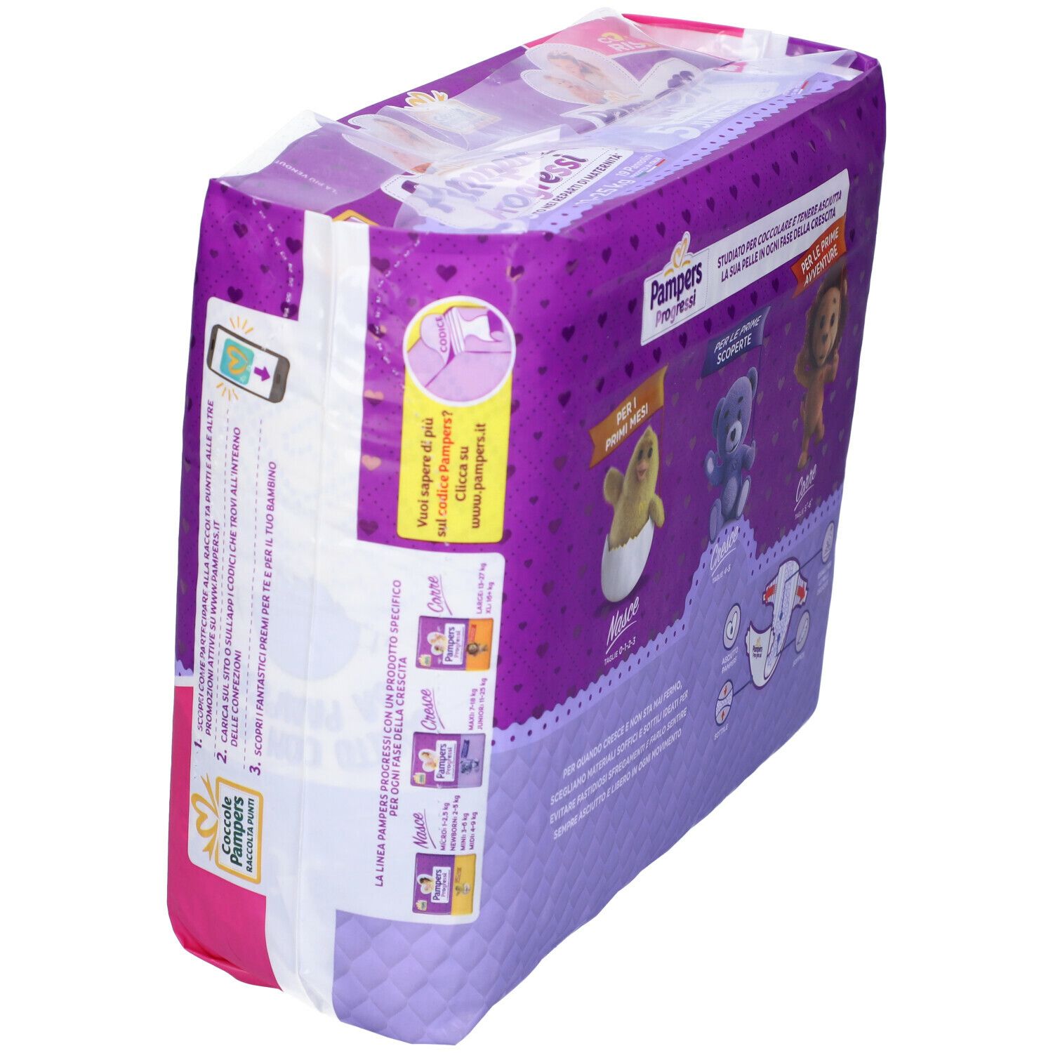 Confezione Pampers Progressi Junior, in diagonale. Confezione viola con illustrazioni. Informazioni prodotto e QR code.
