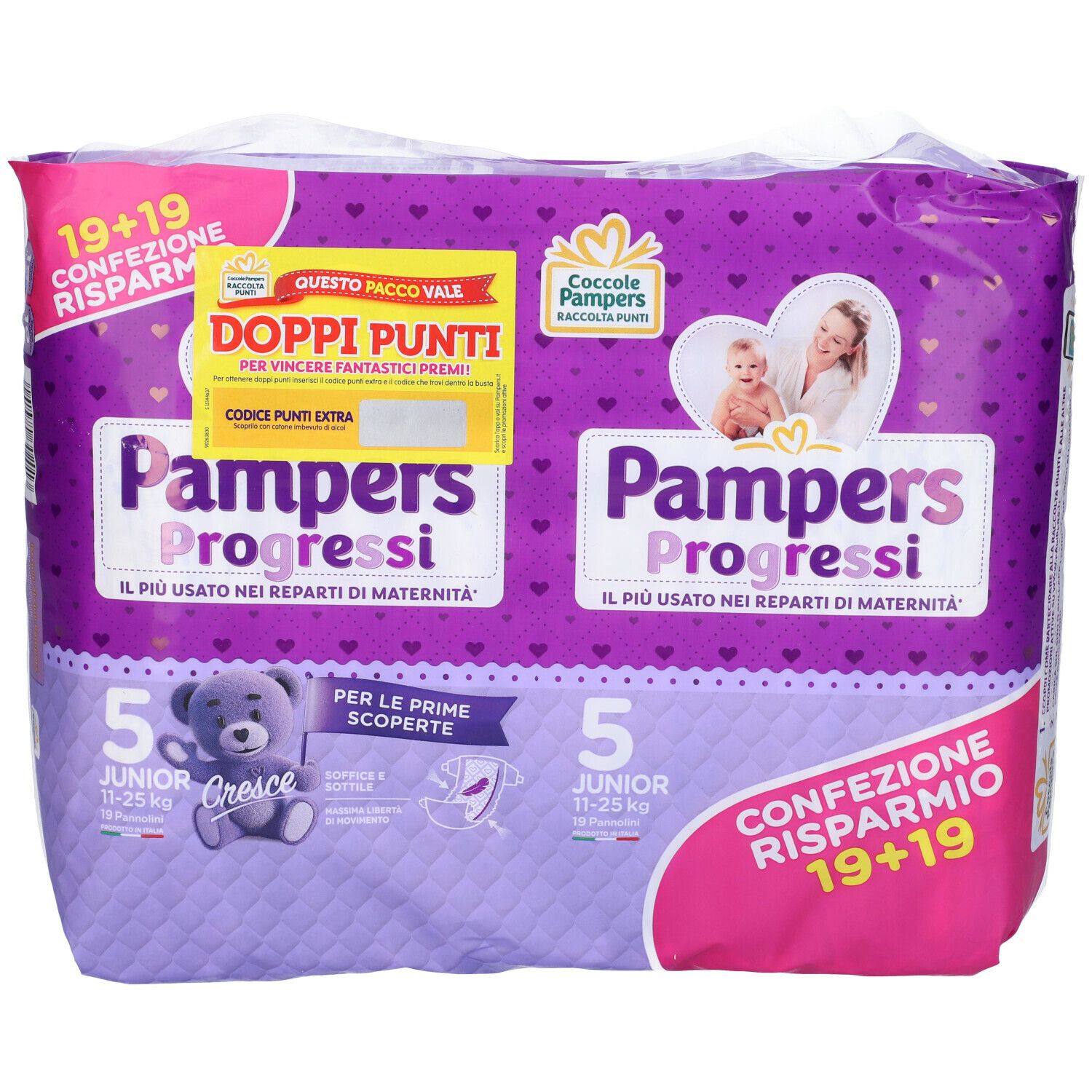 Pampers Progressi Junior, confezione 19+19 pezzi. Taglia 5, 11-25 kg. Confezione viola con orsetto. Promozione doppi punti.