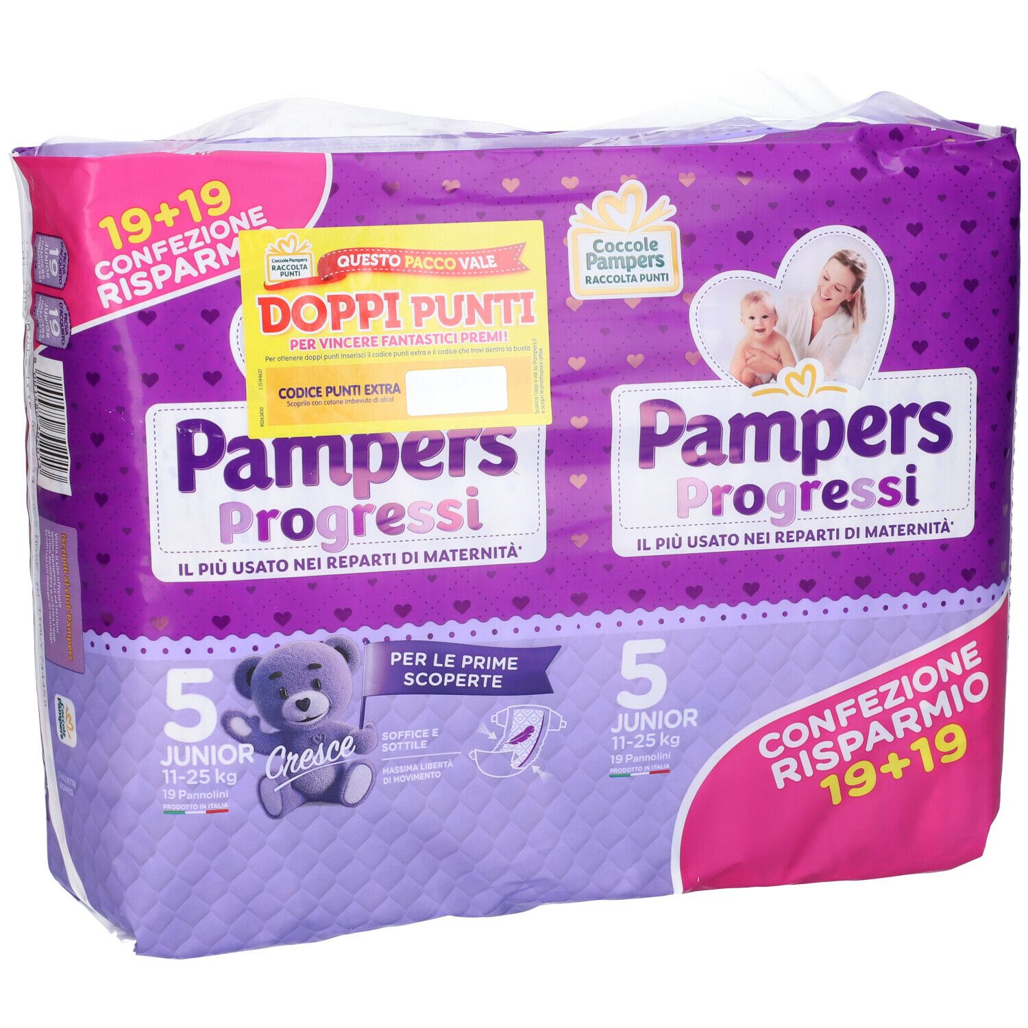 Pampers Progressi Junior, confezione 19+19 pezzi. Taglia 5, 11-25 kg. Confezione viola con orsetto. Promozione doppi punti.