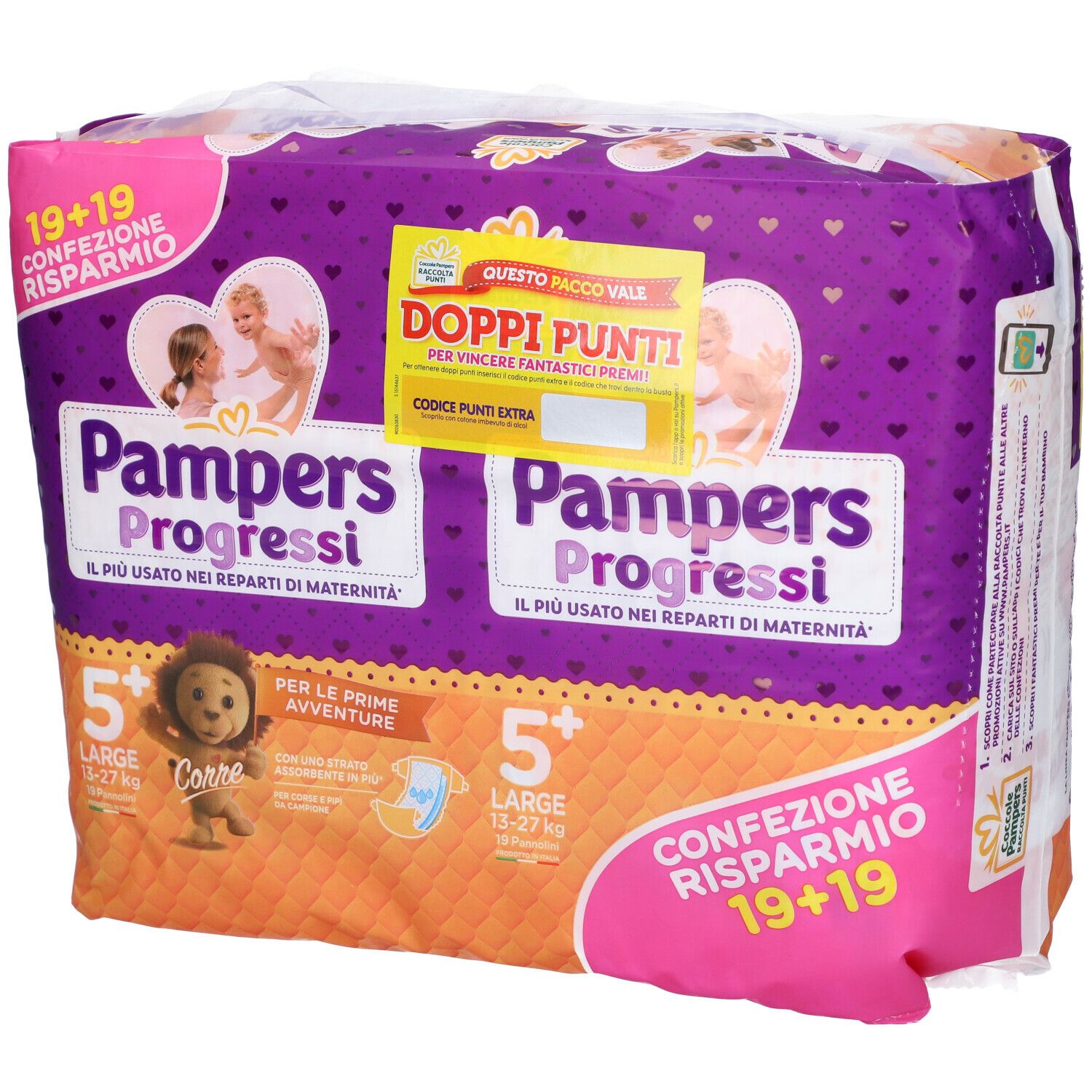 Pampers Progressi, confezione 19+19 pannolini. Taglia 5+, 13-27 kg. Con punti doppi.