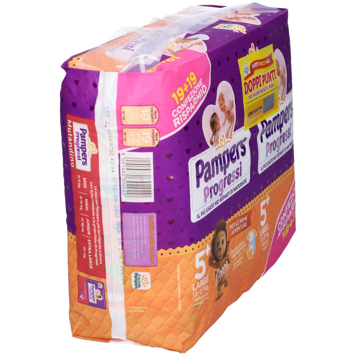 Pampers Progressi, confezione 19+19 pannolini. Taglia 5+, 13-27 kg. Vista laterale.