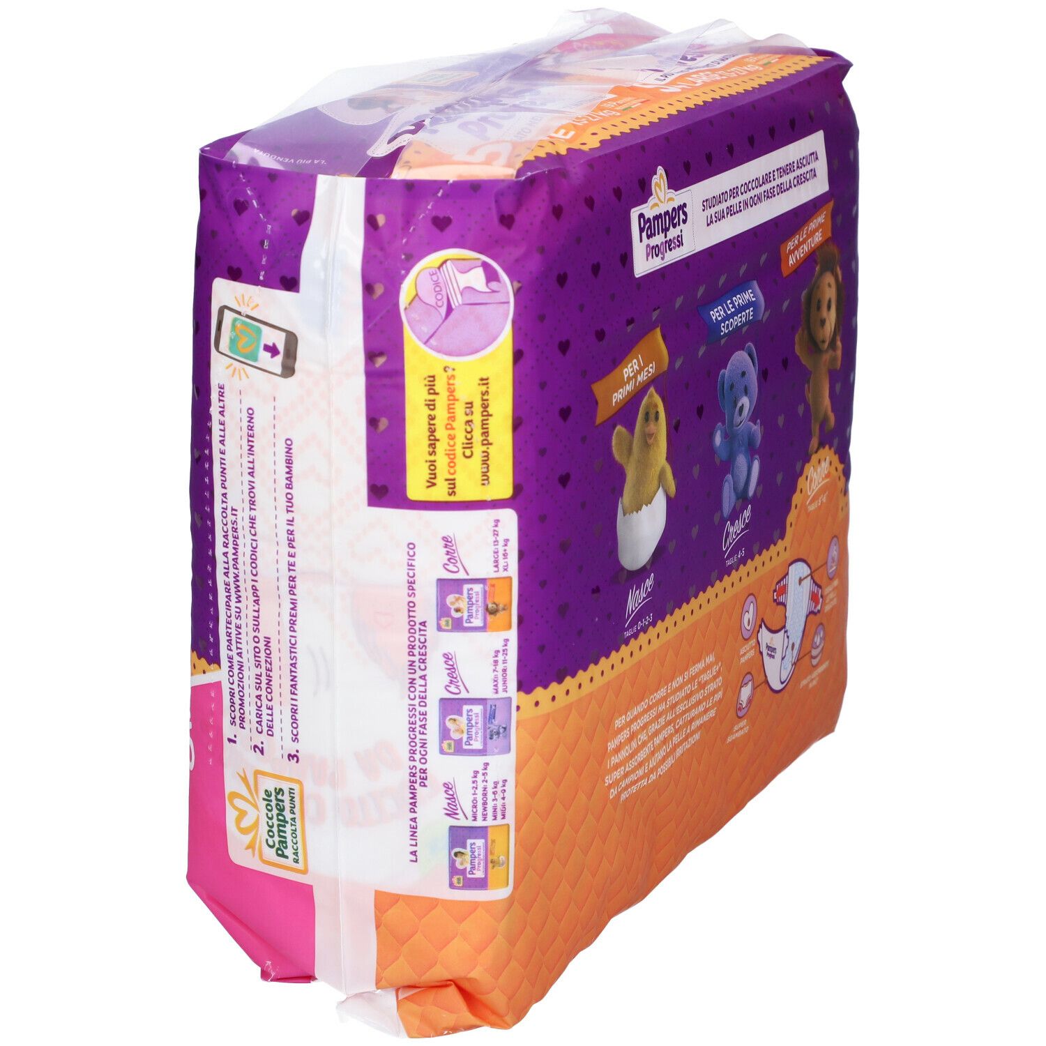 Confezione Pampers Progressi, vista laterale. Taglia 5+, 13-27 kg. Con illustrazioni.
