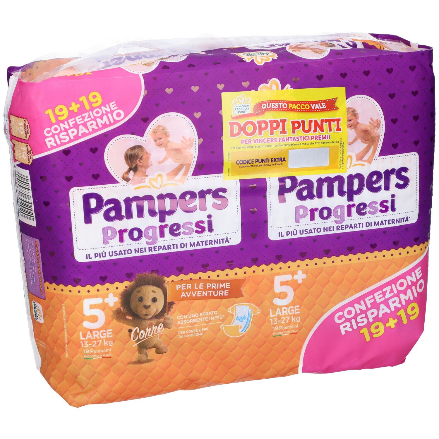 Pampers Progressi, confezione 19+19 pannolini. Taglia 5+, 13-27 kg. Con punti doppi.
