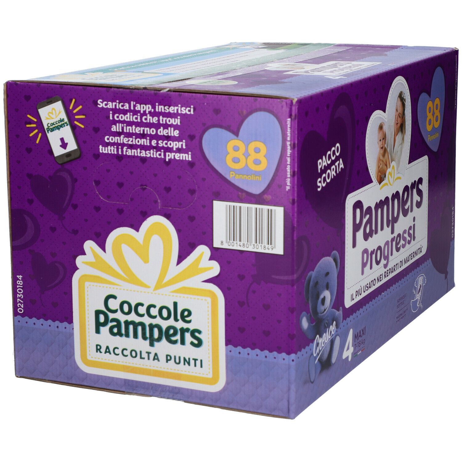 Confezione Pampers Progressi Maxi. Confezione viola con orsacchiotto, bambino e madre. Contiene 4 confezioni, 88 pannolini. Coccole Pampers.