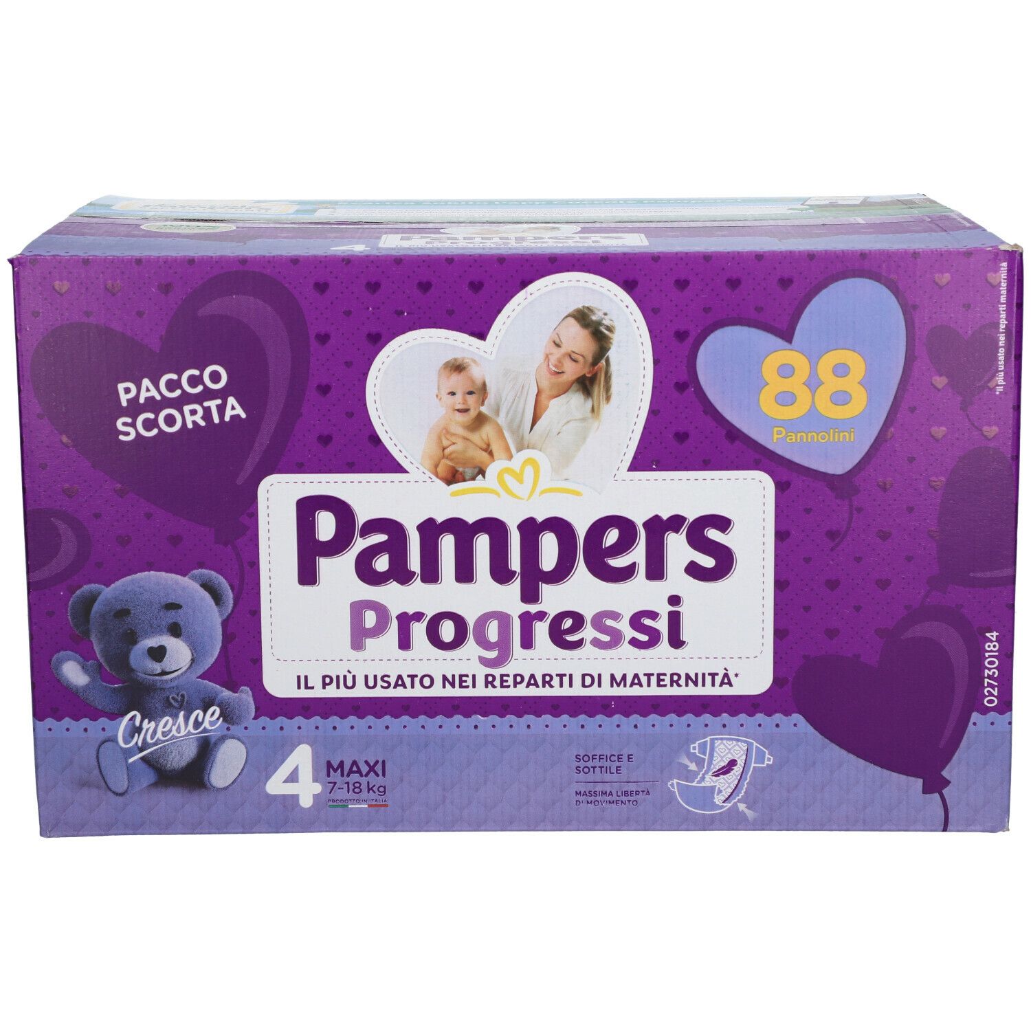 Confezione Pampers Progressi Maxi. Confezione viola con orsacchiotto, bambino e madre. Contiene 4 confezioni, 88 pannolini, 7-18 kg.