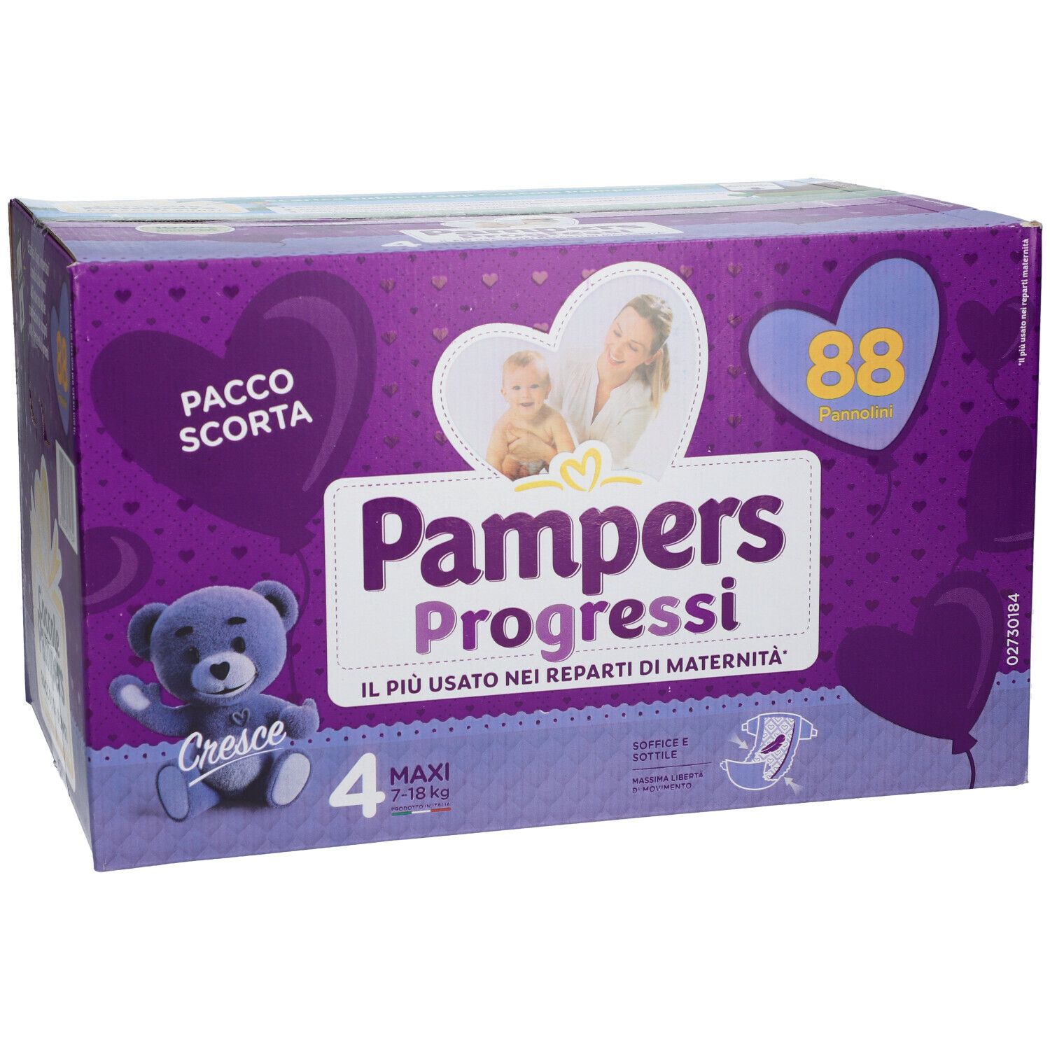 Confezione Pampers Progressi Maxi. Confezione viola con orsacchiotto, bambino e madre. Contiene 4 confezioni, 88 pannolini, 7-18 kg.