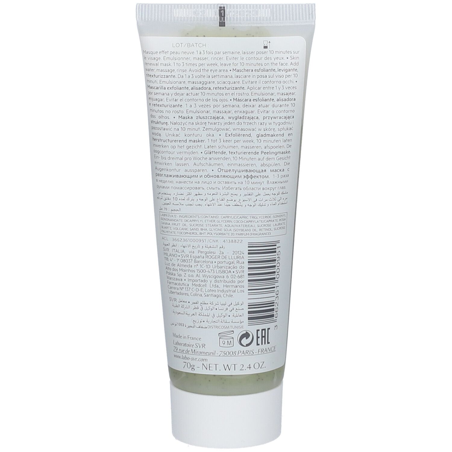Retro del tubo. Testo multilingue. Ingredienti e informazioni del produttore. Contenuto verde visibile.