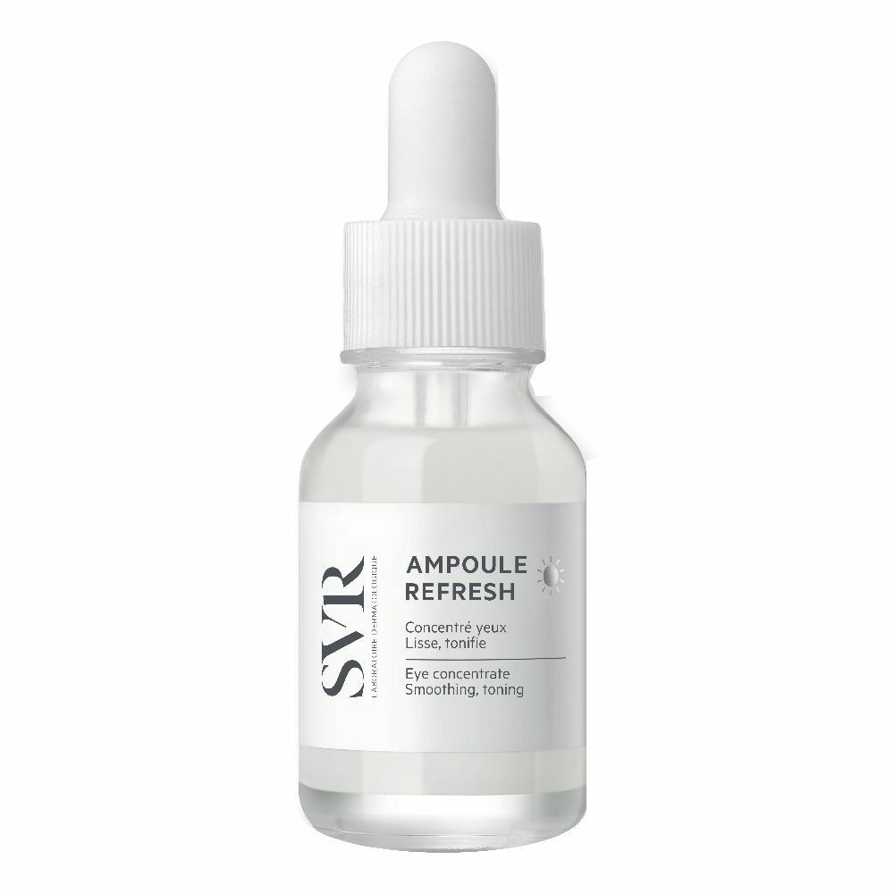 Fiala trasparente con contagocce. Scritta: Ampoule Refresh, SVR. Per il contorno occhi.