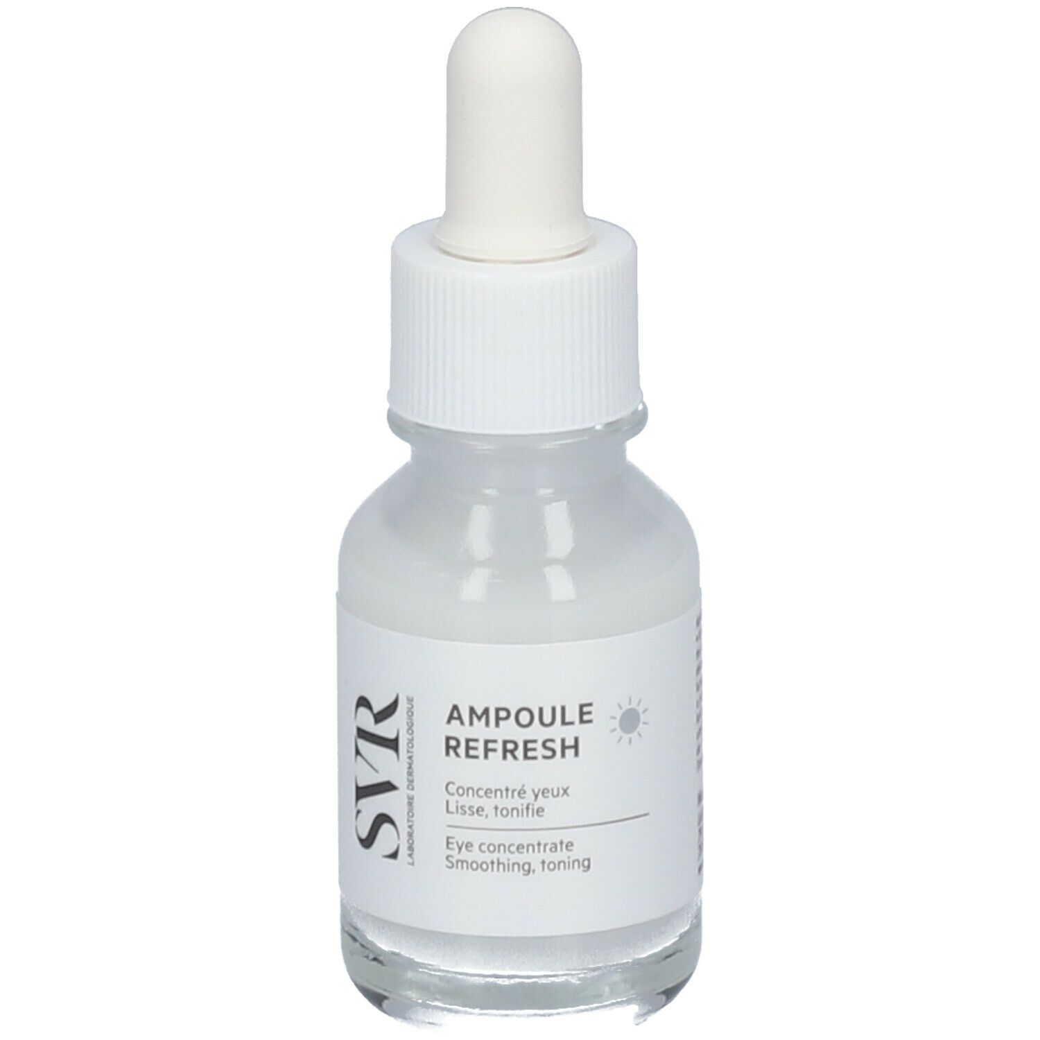 Fiala trasparente con contagocce. Scritta: Ampoule Refresh, SVR. Per il contorno occhi.