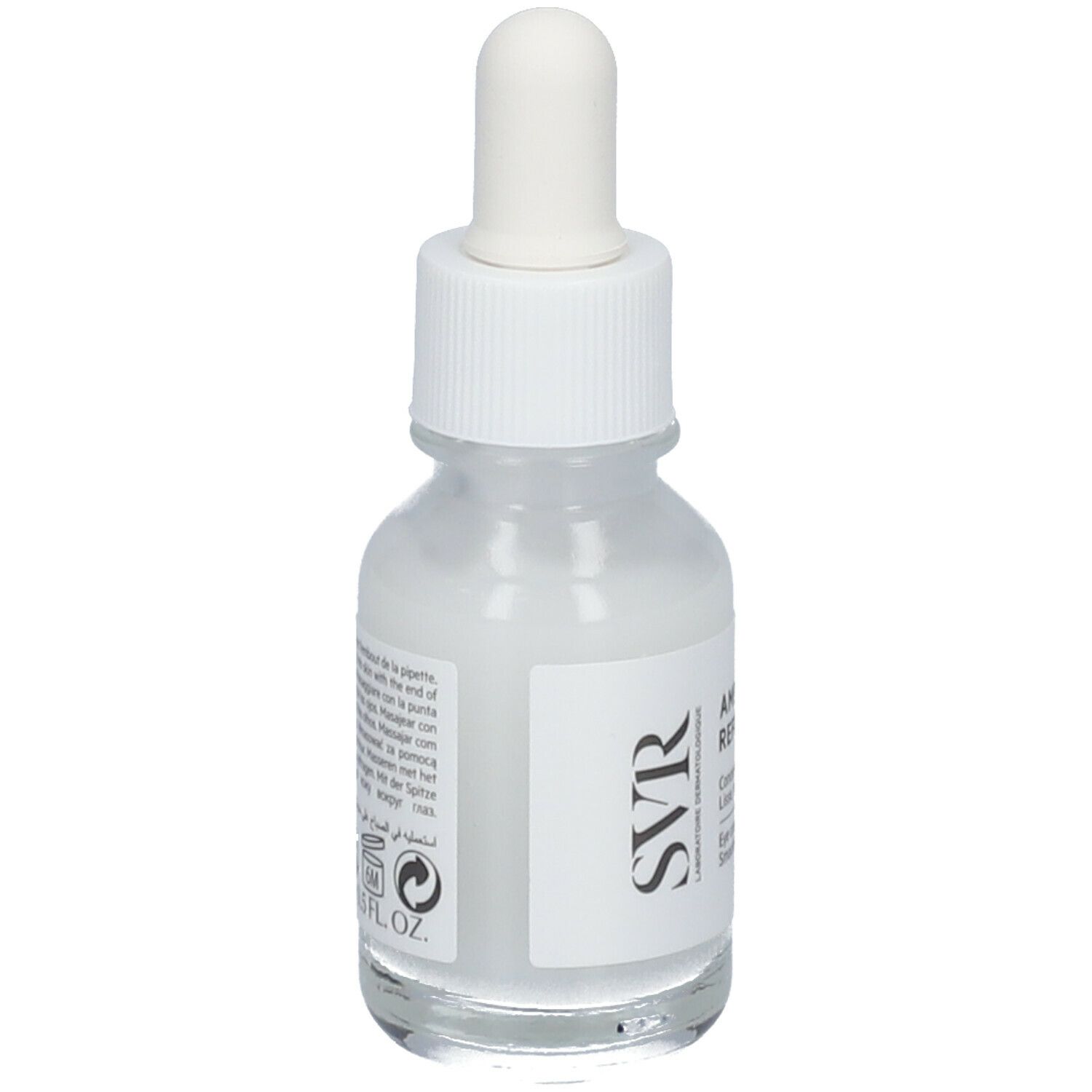 Fiala trasparente con contagocce. Scritta: Ampoule Refresh, SVR. Per il contorno occhi.