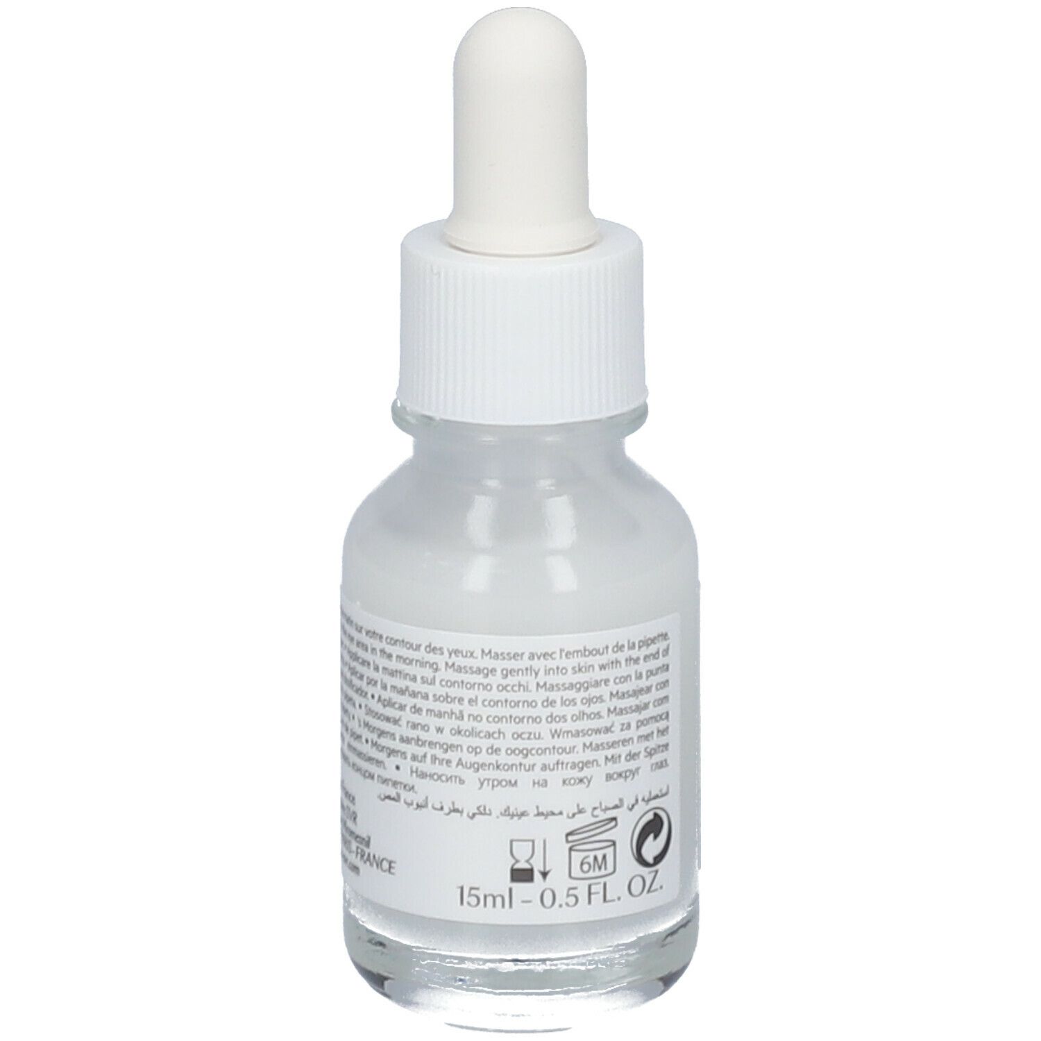 Fiala trasparente con contagocce. Scritta: Ampoule Refresh, SVR. Per il contorno occhi.