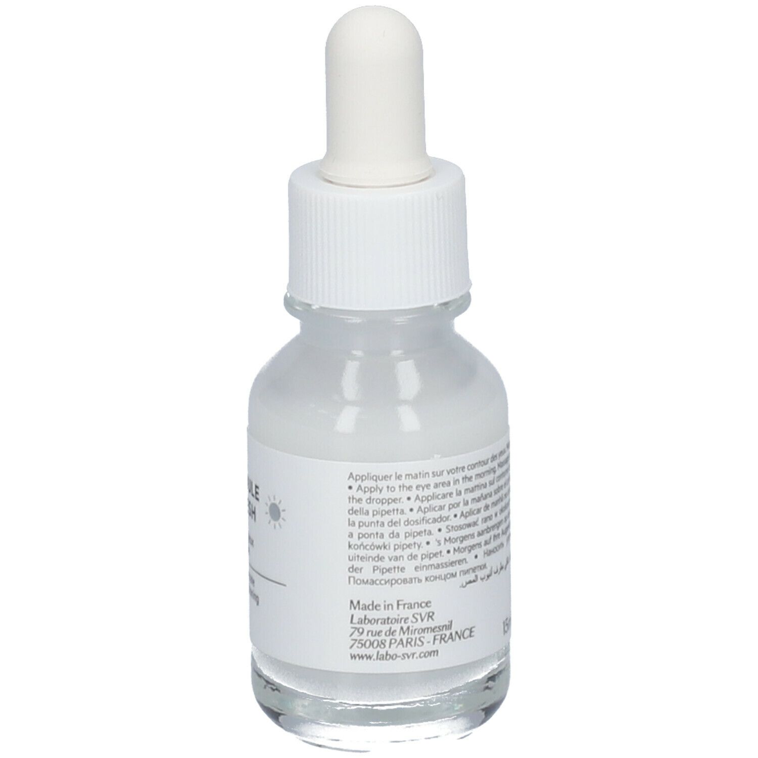 Fiala trasparente con contagocce. Scritta: Ampoule Refresh, SVR. Per il contorno occhi.