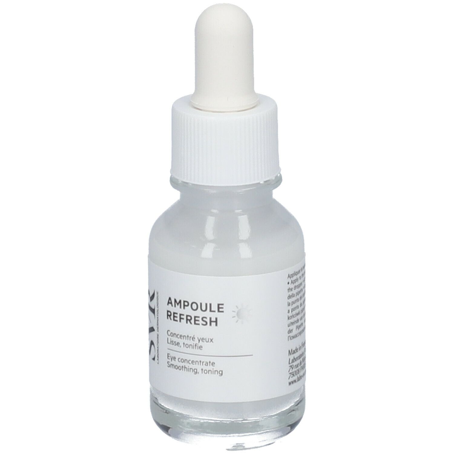 Fiala trasparente con contagocce. Scritta: Ampoule Refresh, SVR. Per il contorno occhi.