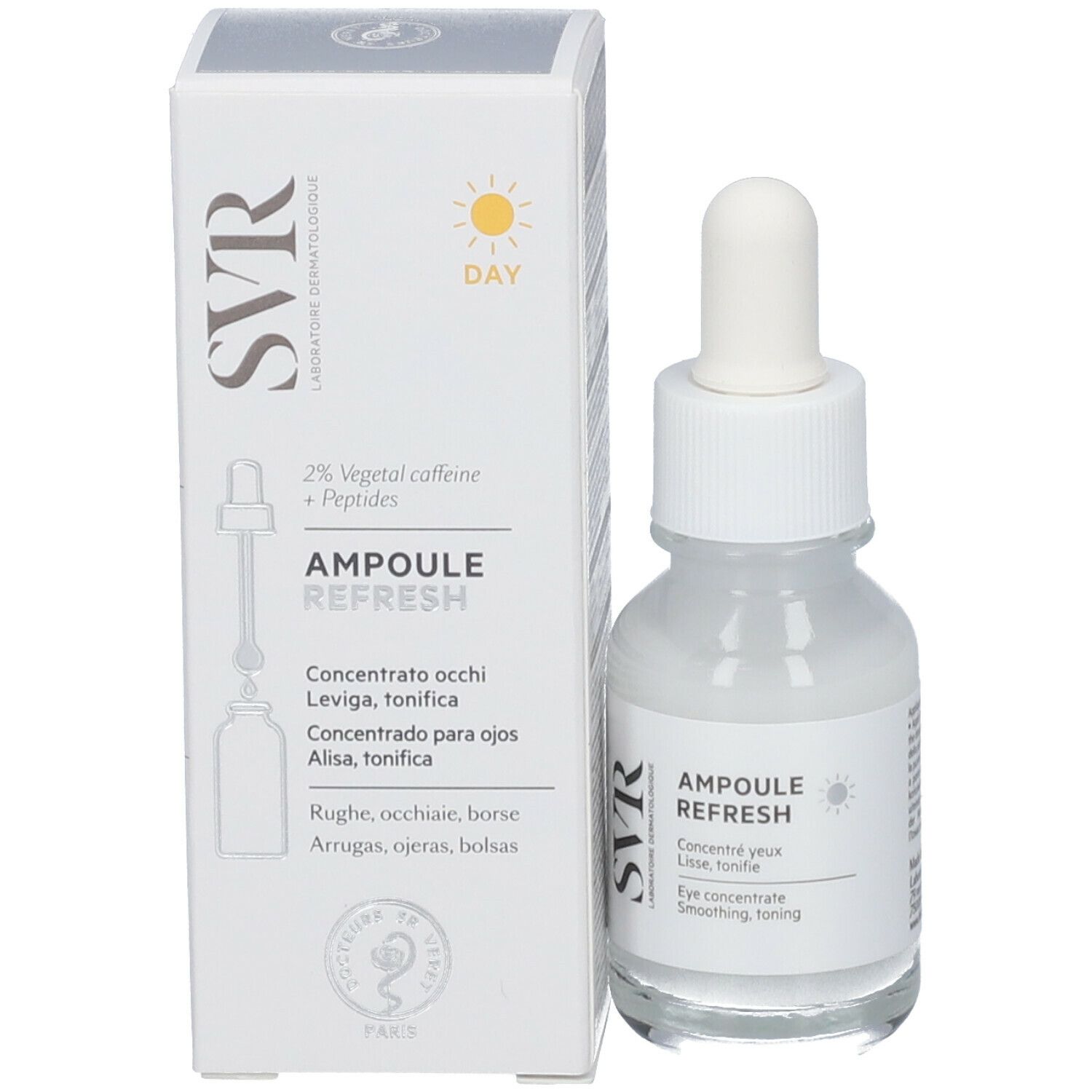Fiala con contagocce e confezione. Scritta: Ampoule Refresh, SVR. Per il contorno occhi.
