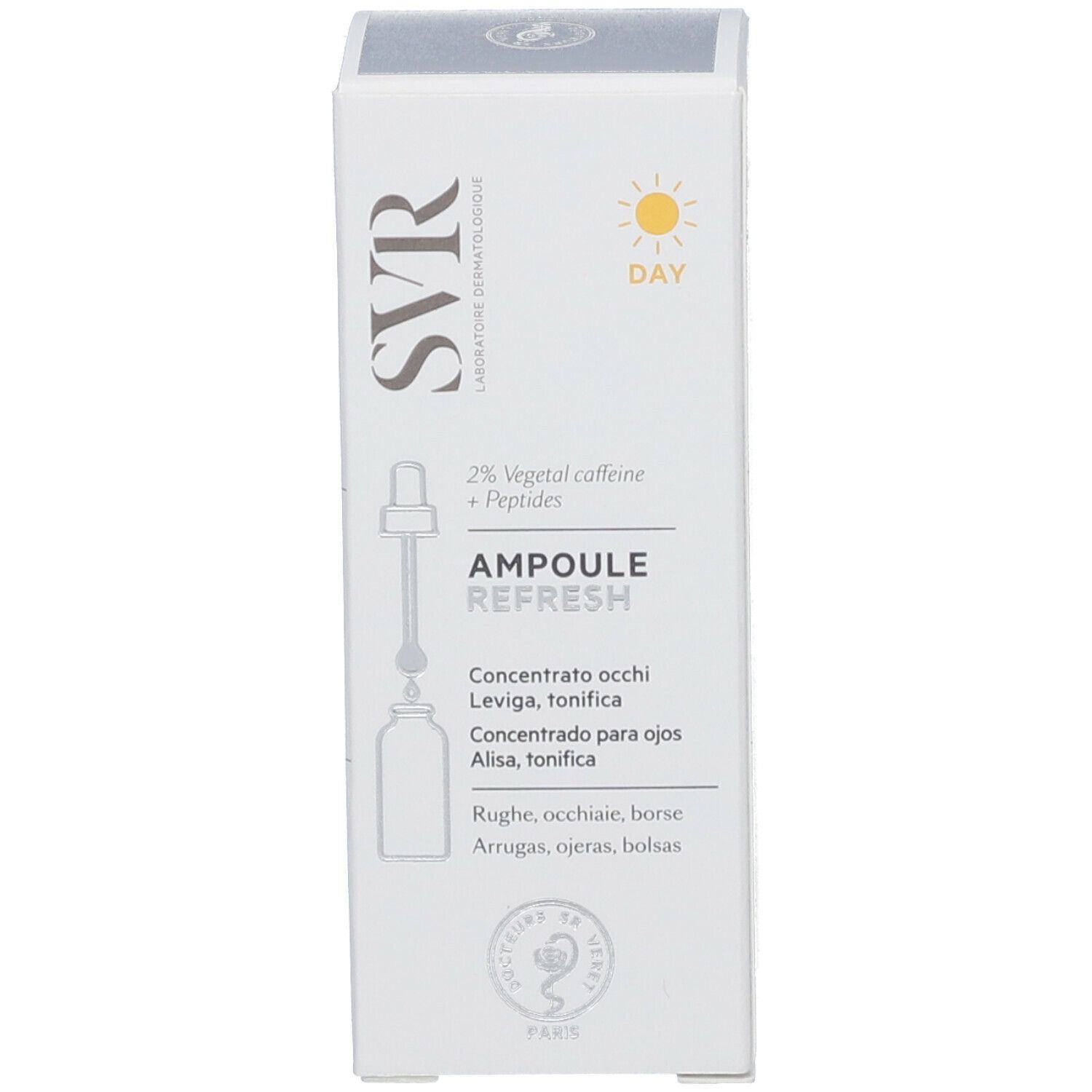 Confezione con scritta: Ampoule Refresh, SVR. Per il contorno occhi. Con pittogramma sole.