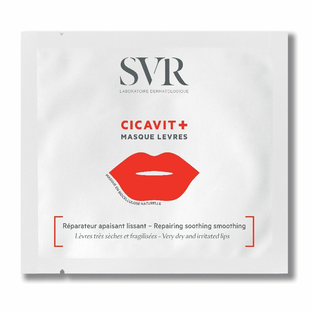 SVR CICAVIT+ MASQUE LEVRES. Confezione bianca con labbra rosse. Testo: Réparateur apaisant lissant. Labbra molto secche e irritate.