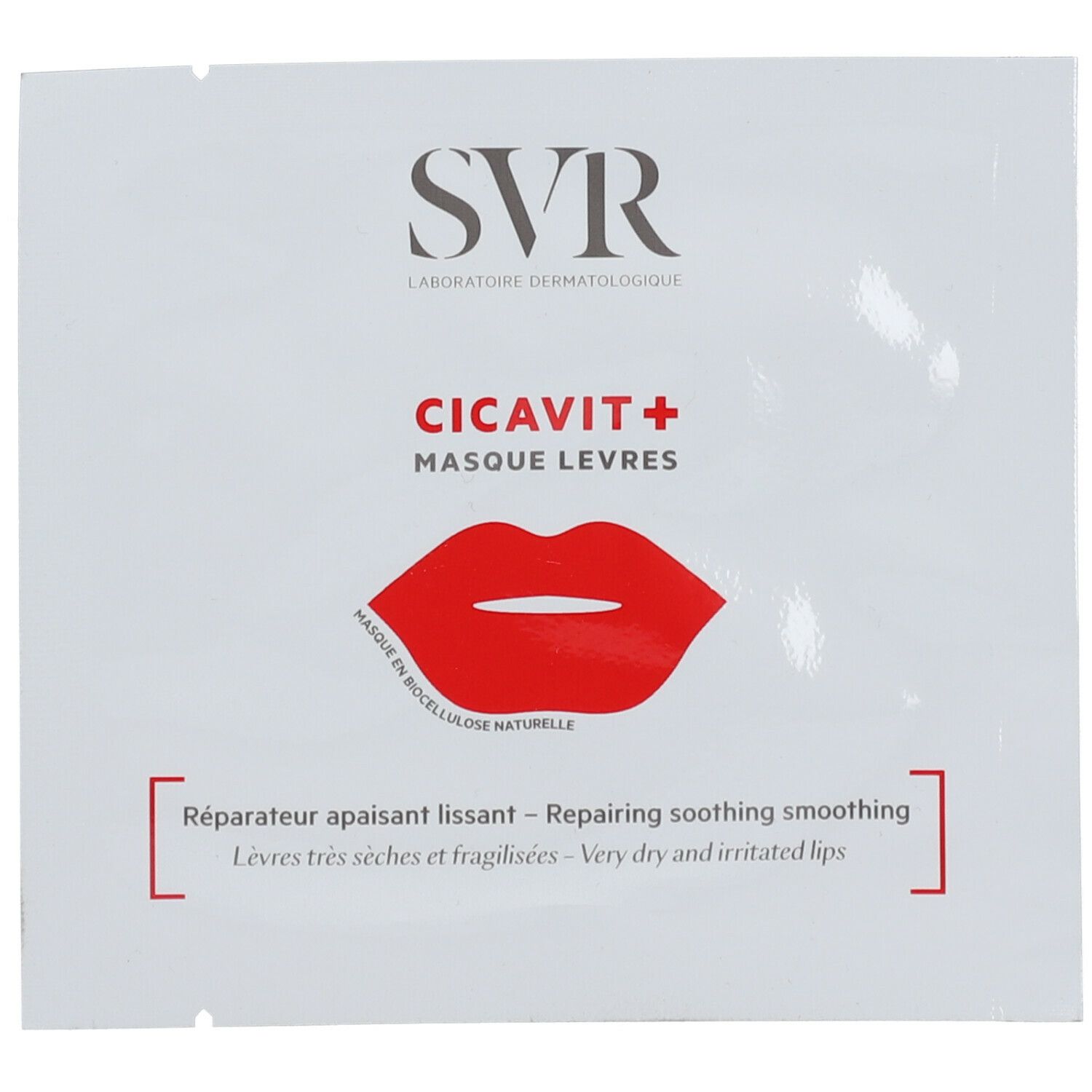 SVR CICAVIT+ MASQUE LEVRES. Confezione bianca con labbra rosse. Testo: Réparateur apaisant lissant. Labbra molto secche e irritate.