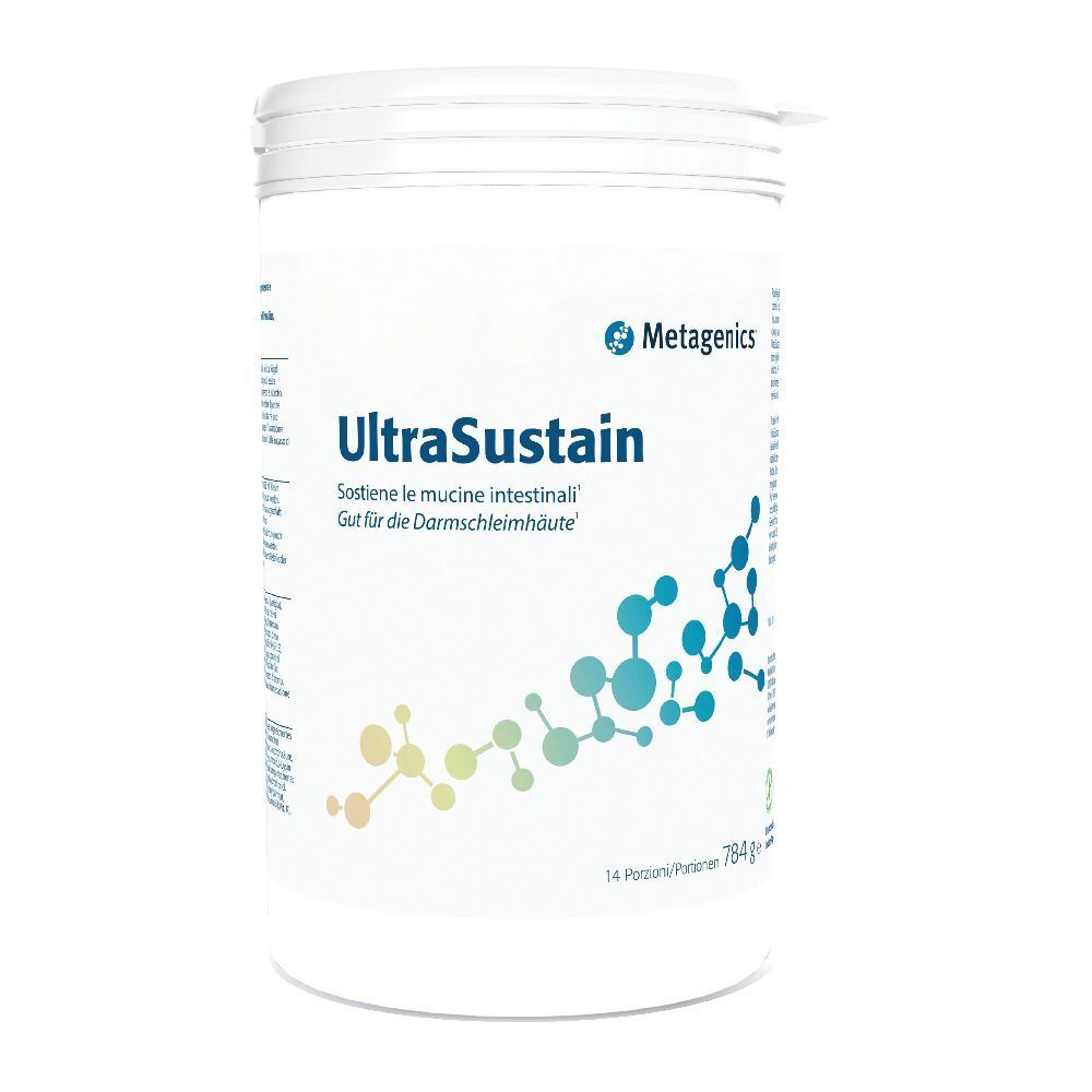 Barattolo bianco UltraSustain Metagenics. Testo in tedesco e italiano. Accenti grafici blu e verdi.