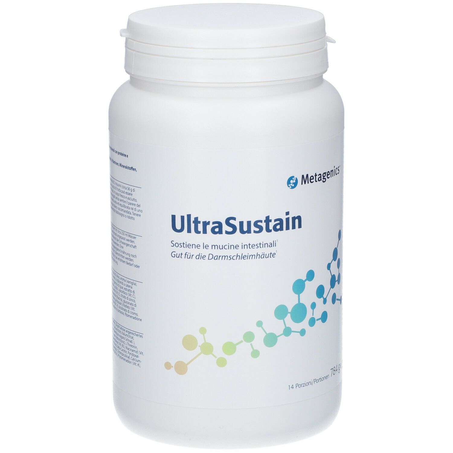 Barattolo bianco UltraSustain. Logo Metagenics. Testo in tedesco e italiano. Grafica blu e verde.