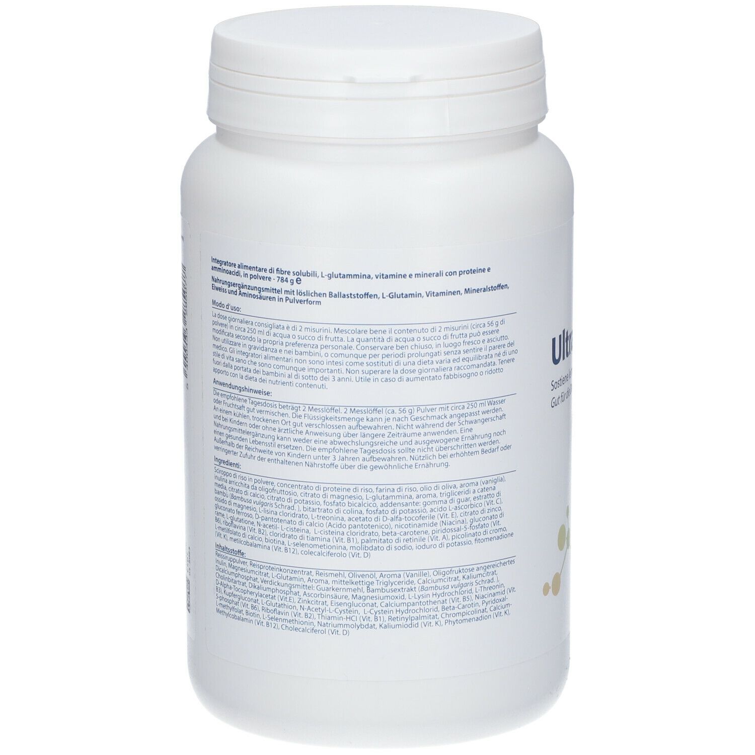 Retro di un barattolo bianco. Testo multilingue. Contiene informazioni sugli ingredienti e il valore nutrizionale.