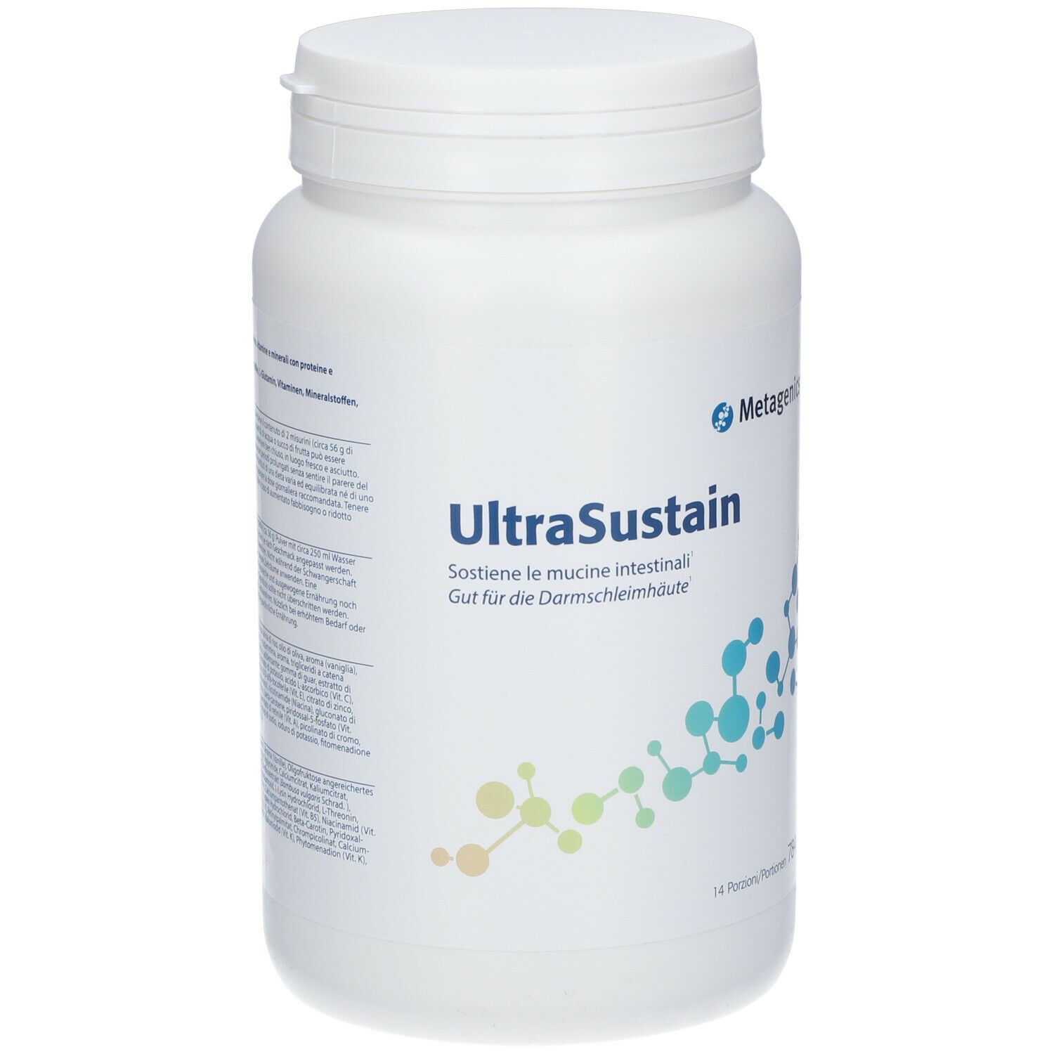 Barattolo bianco UltraSustain. Logo Metagenics. Testo in tedesco e italiano. Grafica blu e verde.
