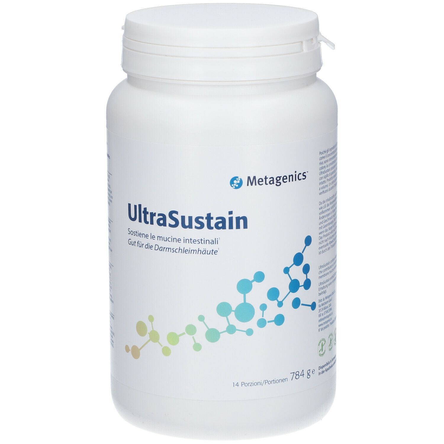 Barattolo bianco UltraSustain. Logo Metagenics. Testo in tedesco e italiano. Grafica blu e verde.