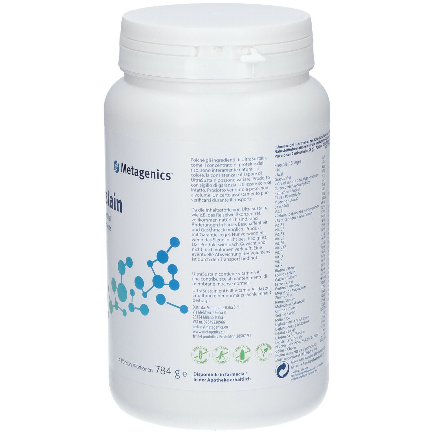 Retro di un barattolo bianco. Testo multilingue. Contiene informazioni sugli ingredienti e il valore nutrizionale.