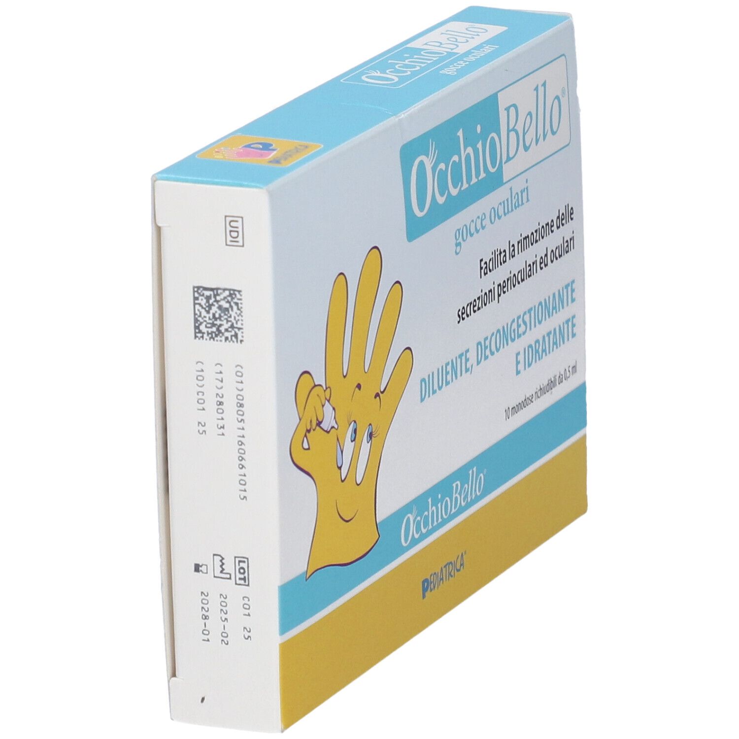 Occhiobello Gtt Ocul-Verpackung, schräg von oben. Text: gocce oculari, Diluente, Decongestionante e Idratante. UDI-Code und Chargennummer.