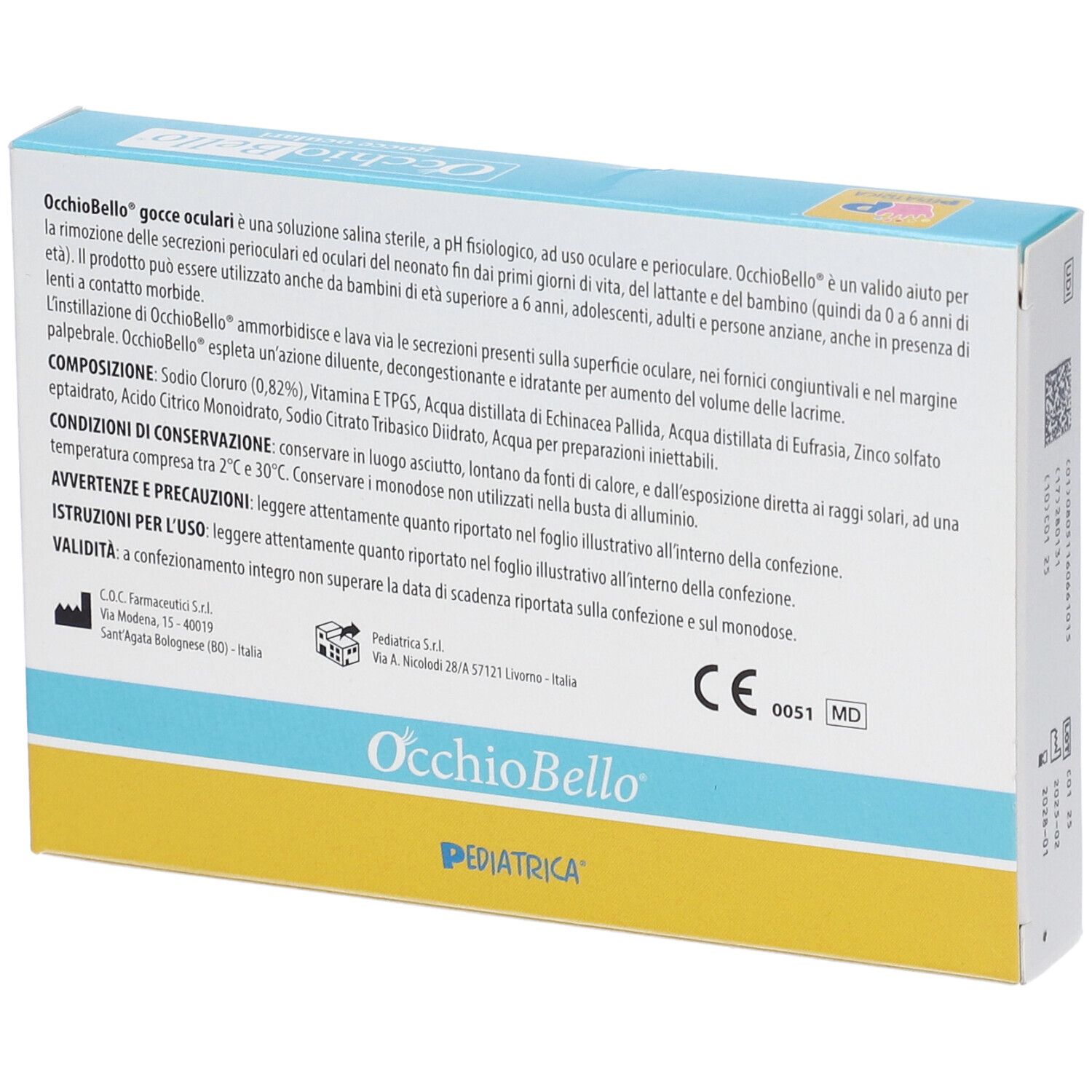 Rückseite der Occhiobello Gtt Ocul-Verpackung. Text: gocce oculari, Inhaltsstoffe, Gebrauchsanweisung. CE-Kennzeichnung.
