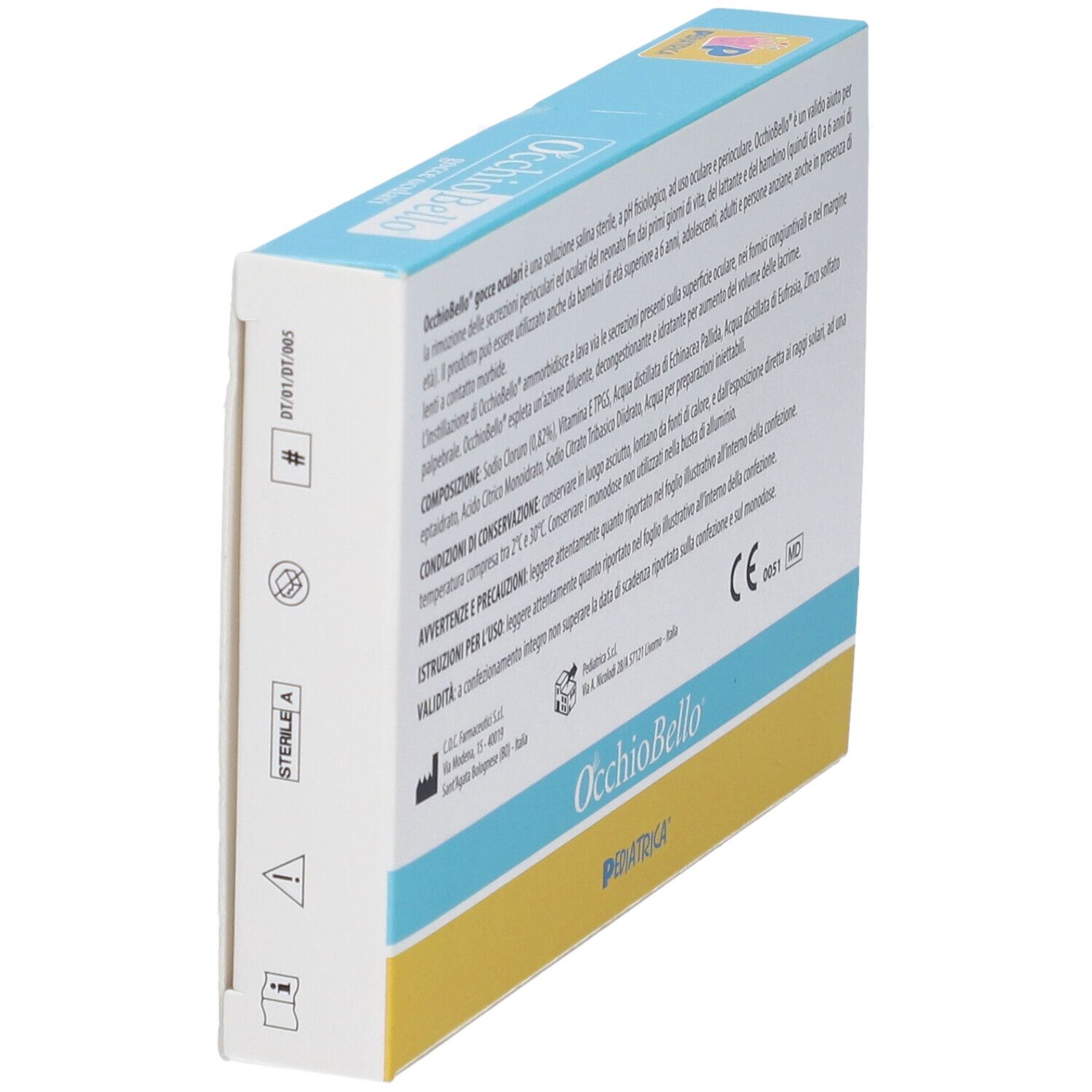 Occhiobello Gtt Ocul-Verpackung, schräg. Text: gocce oculari, Inhaltsstoffe, Gebrauchsanweisung. CE-Kennzeichnung.
