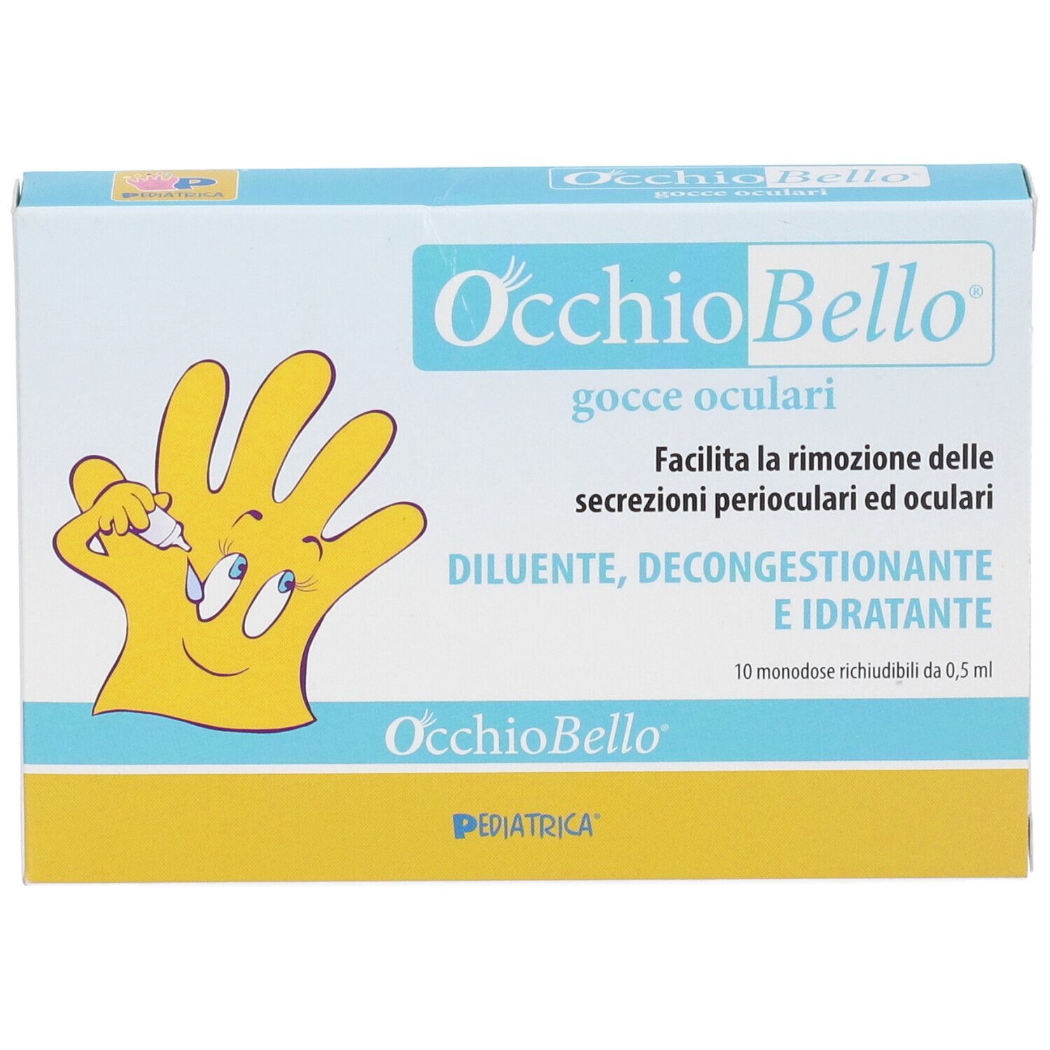 Occhiobello Gtt Ocul-Verpackung. Gelbe Hand-Illustration. Text: gocce oculari, Diluente, Decongestionante e Idratante. 10 Einzeldosen.
