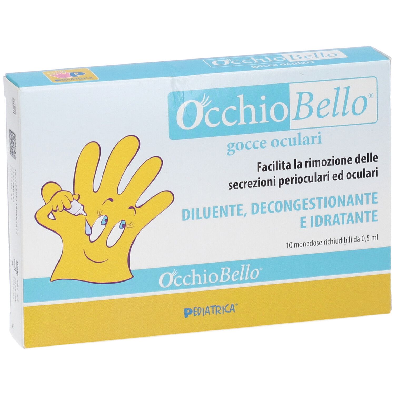 Occhiobello Gtt Ocul-Verpackung. Gelbe Hand-Illustration. Text: gocce oculari, Diluente, Decongestionante e Idratante. 10 Einzeldosen.