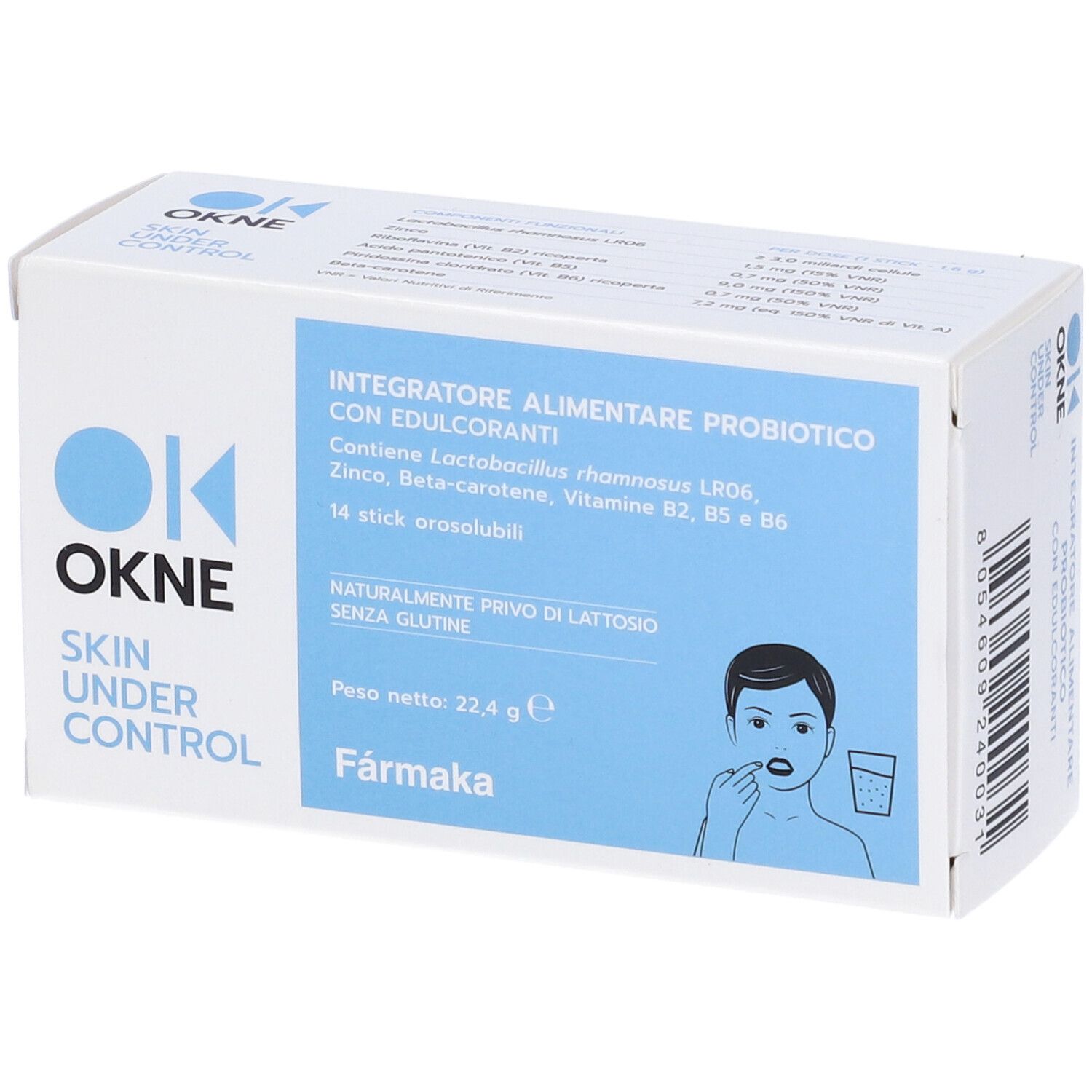Scatola bianca con logo OKNE e informazioni sul prodotto. Vista prospettica.