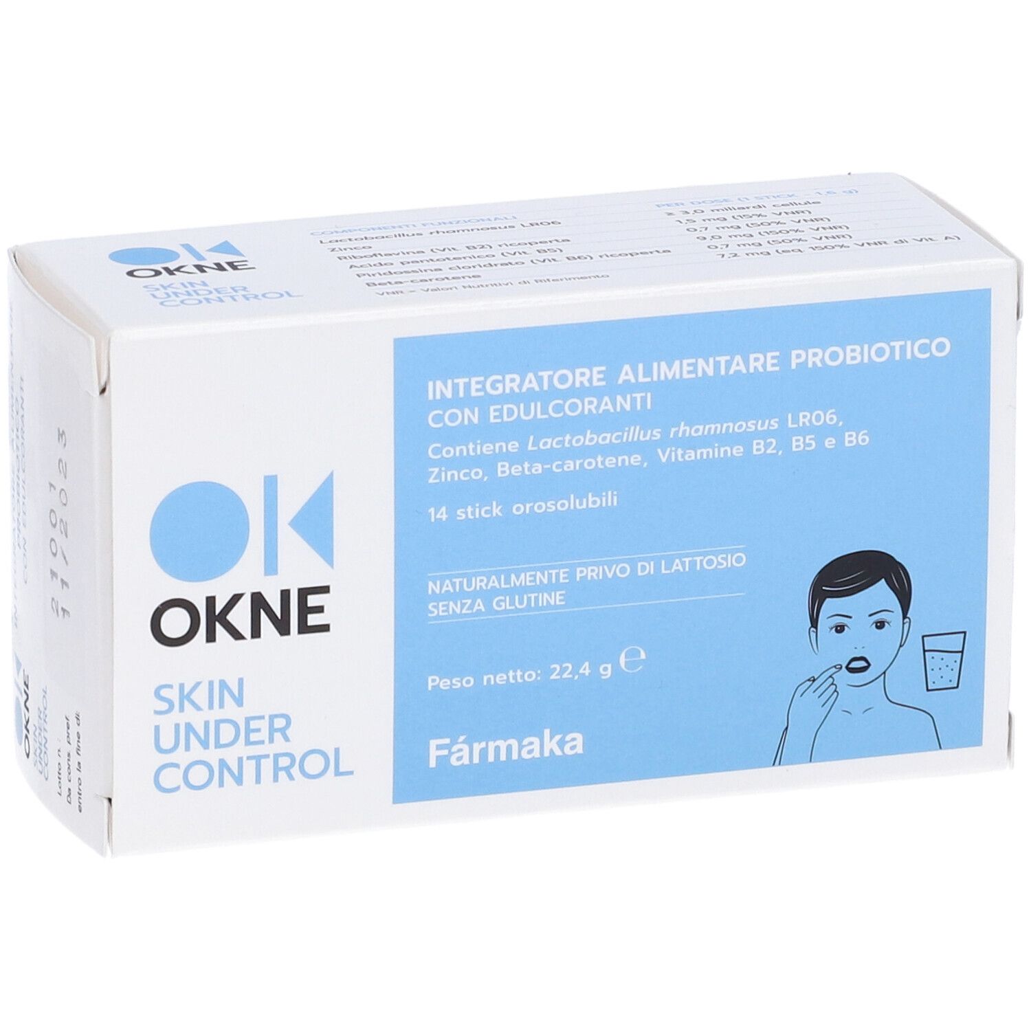 Scatola bianca con logo OKNE e informazioni sul prodotto. Scritta: Skin Under Control.