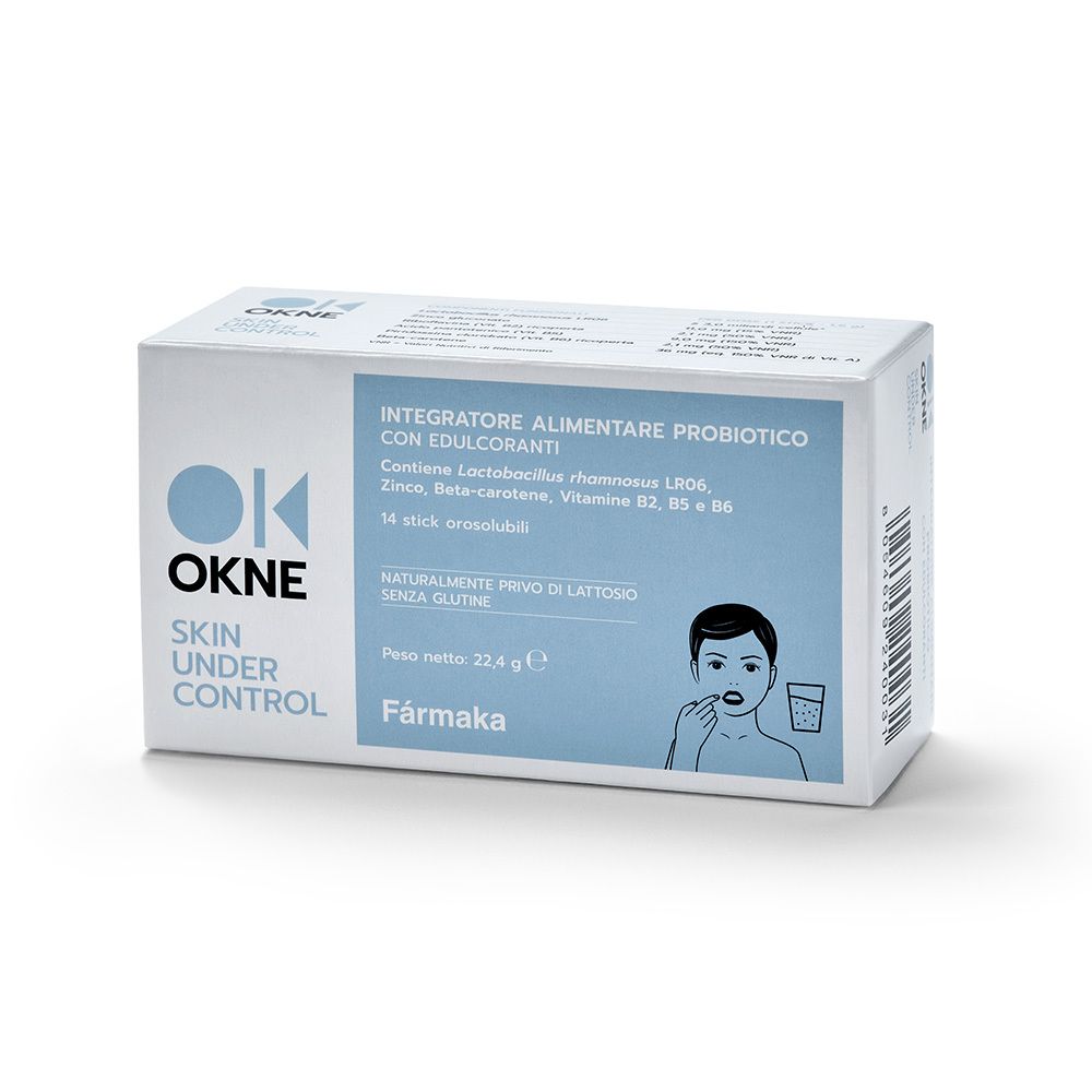 Scatola bianca con logo OKNE e informazioni sul prodotto. Scritta: Skin Under Control.