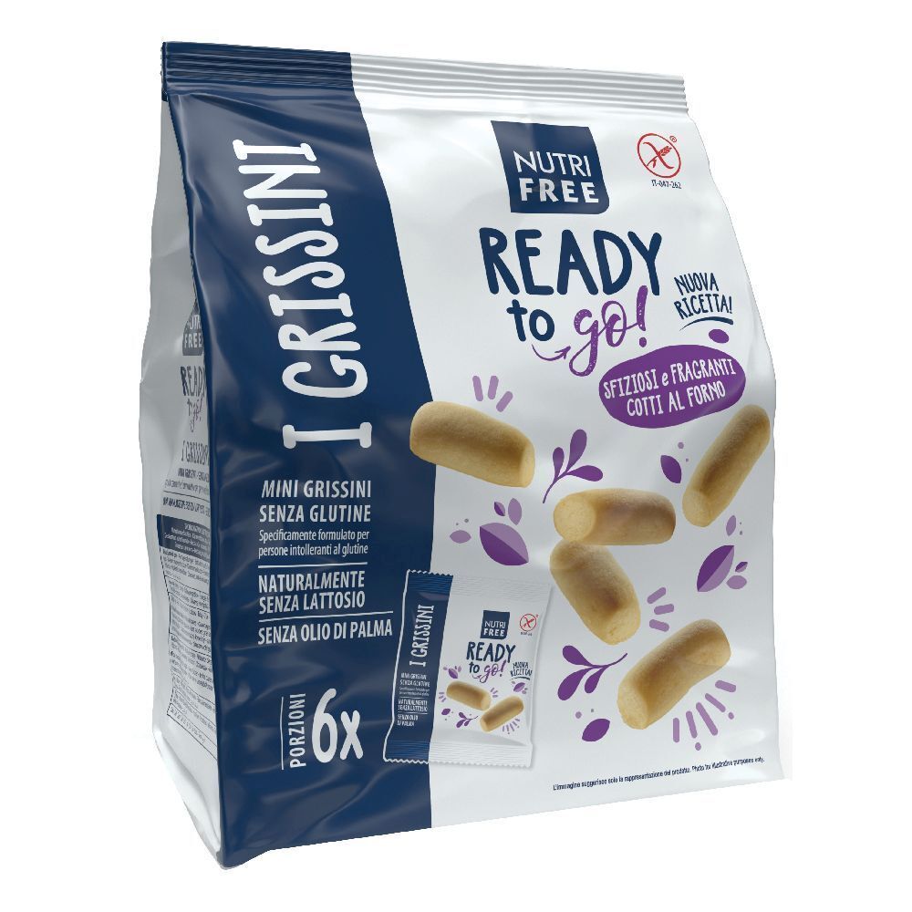 Confezione di Mini Grissini Nutrifree. Scritta: I Grissini, senza glutine, senza olio di palma. Porzioni singole.