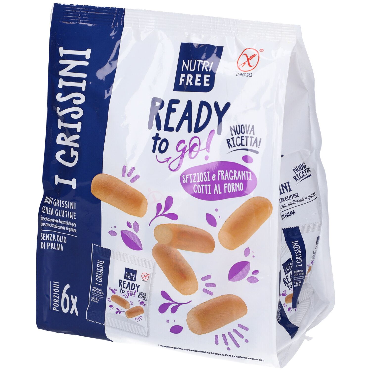 Confezione di Mini Grissini Nutrifree. Scritta: I Grissini, senza glutine, senza olio di palma. Porzioni singole.
