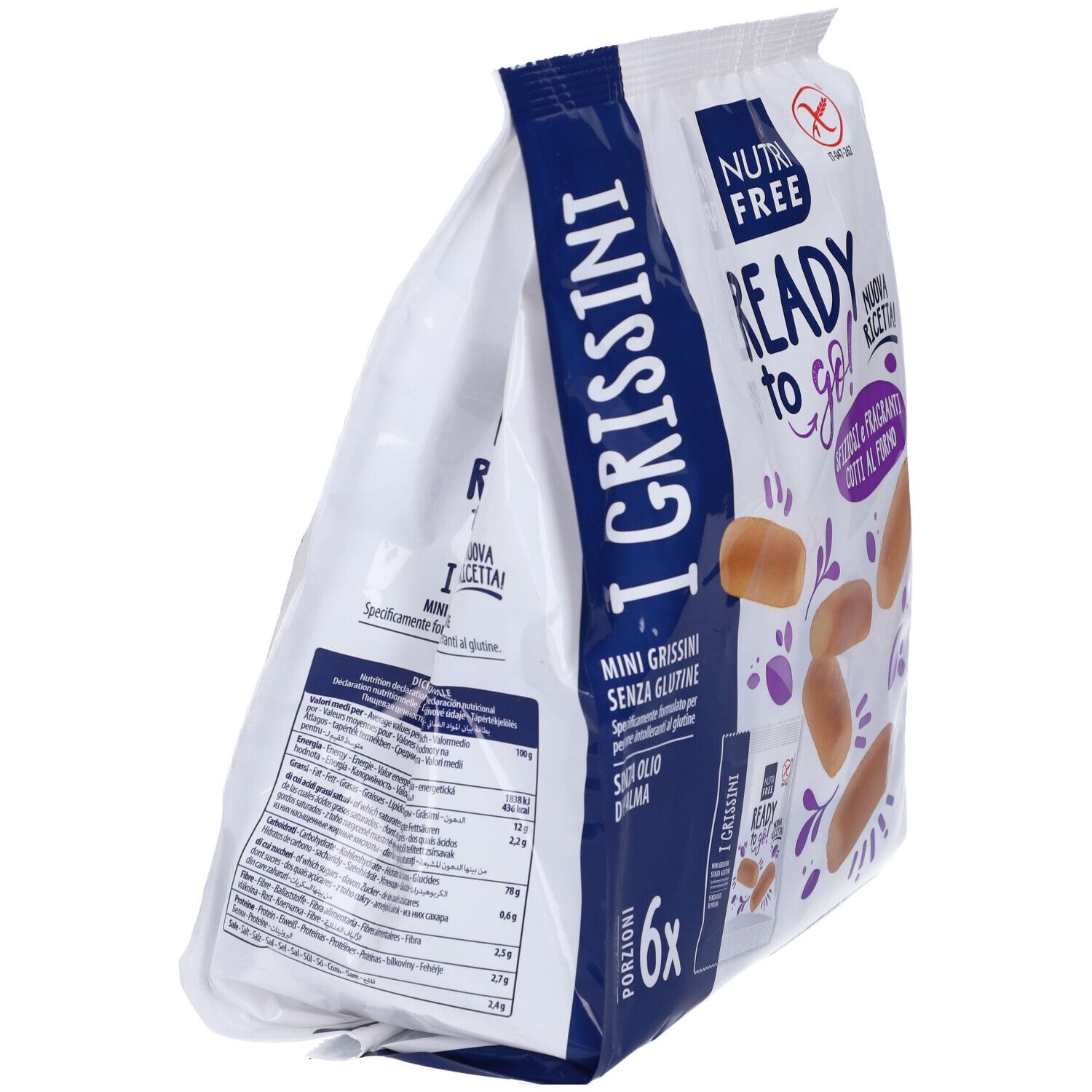 Confezione di Mini Grissini Nutrifree. Scritta: I Grissini, senza glutine, senza olio di palma. Porzioni singole.