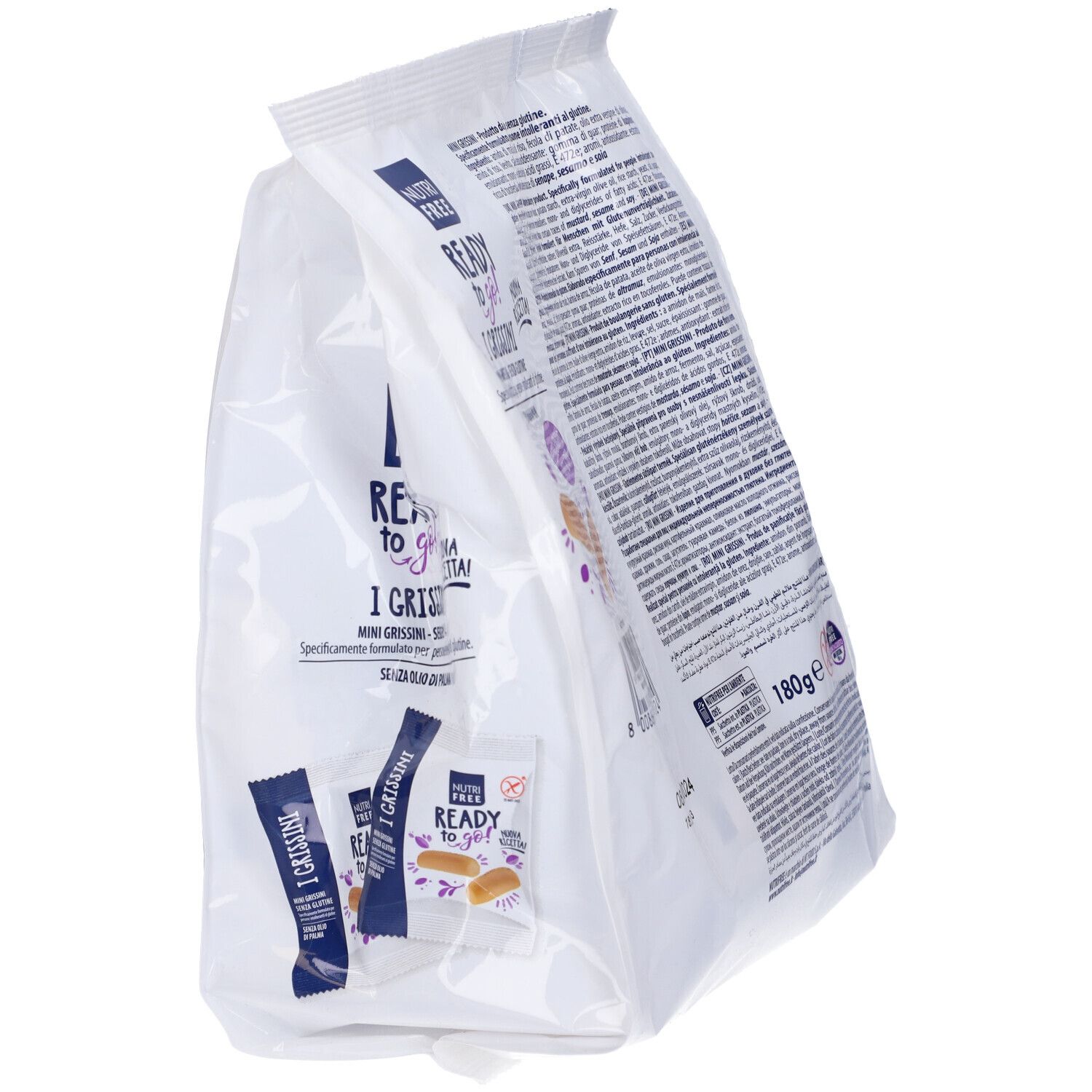 Confezione di Mini Grissini Nutrifree. Scritta: I Grissini, senza glutine, senza olio di palma. Porzioni singole.